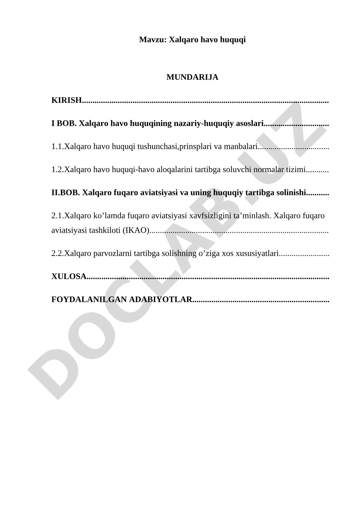 Xalqaro havo huquqi kurs ishi