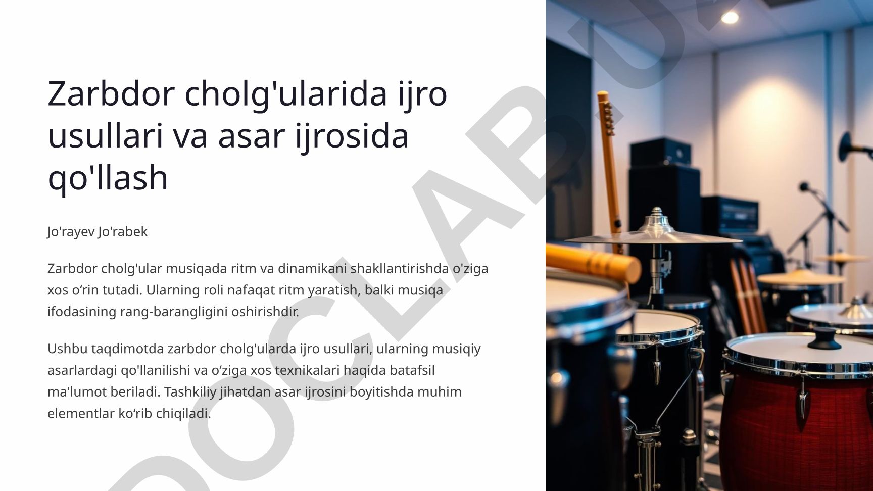 Zarbdor cholg'ularida ijro usullari va asar ijrosida qo'llash