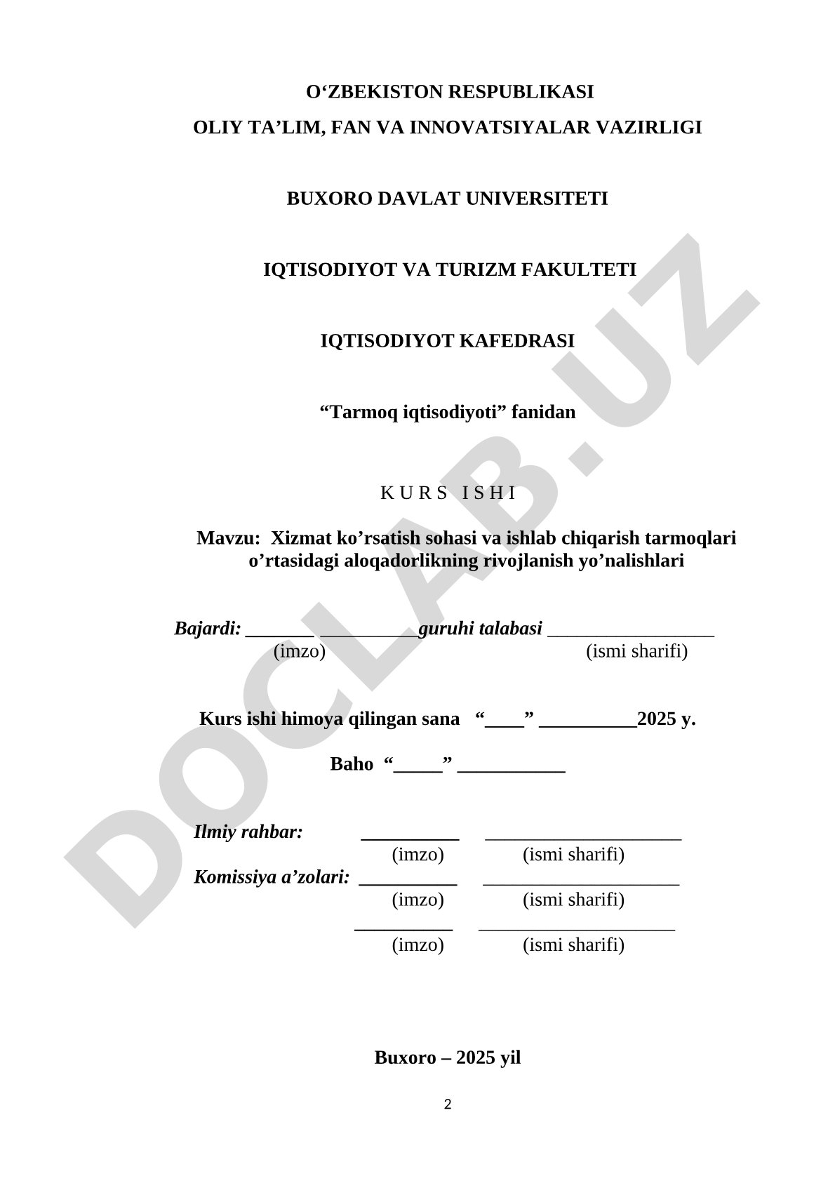 Xizmat ko'rsatish va ishlab chiqarish tarmoqlari aloqadorligi kurs ishi