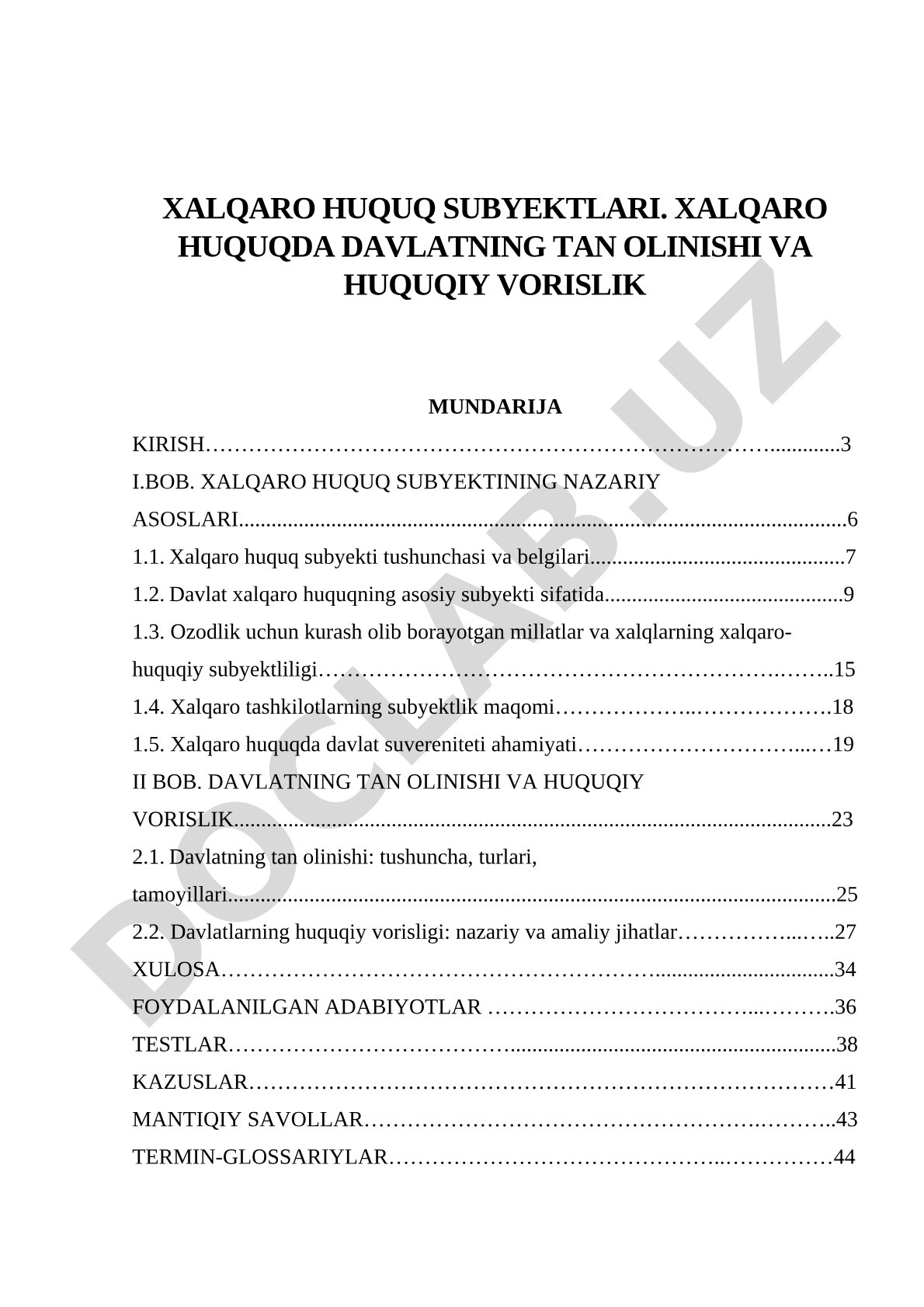 Xalqaro Huquq Subyektlari va Davlat Tan Olinishi