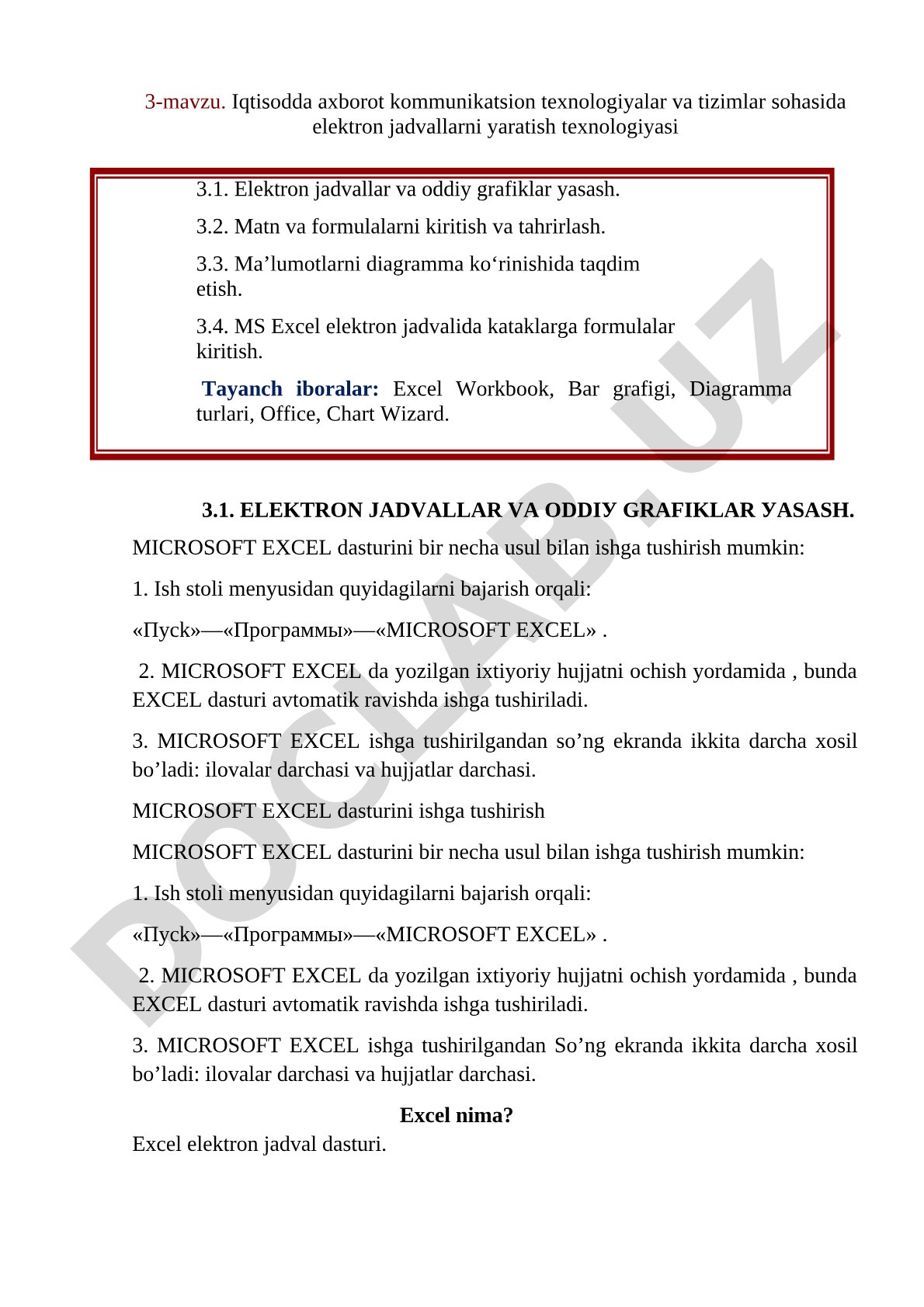 MS Excel dasturida elektron jadvallar va grafiklar