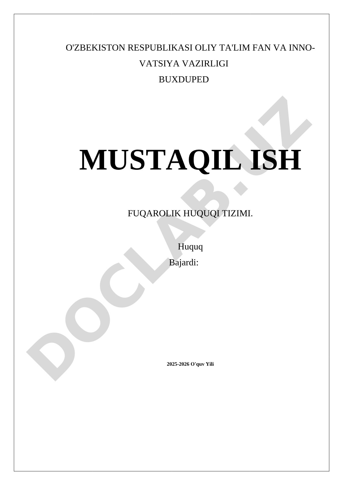 Fuqarolik huquqi tizimi mustaqil ishi