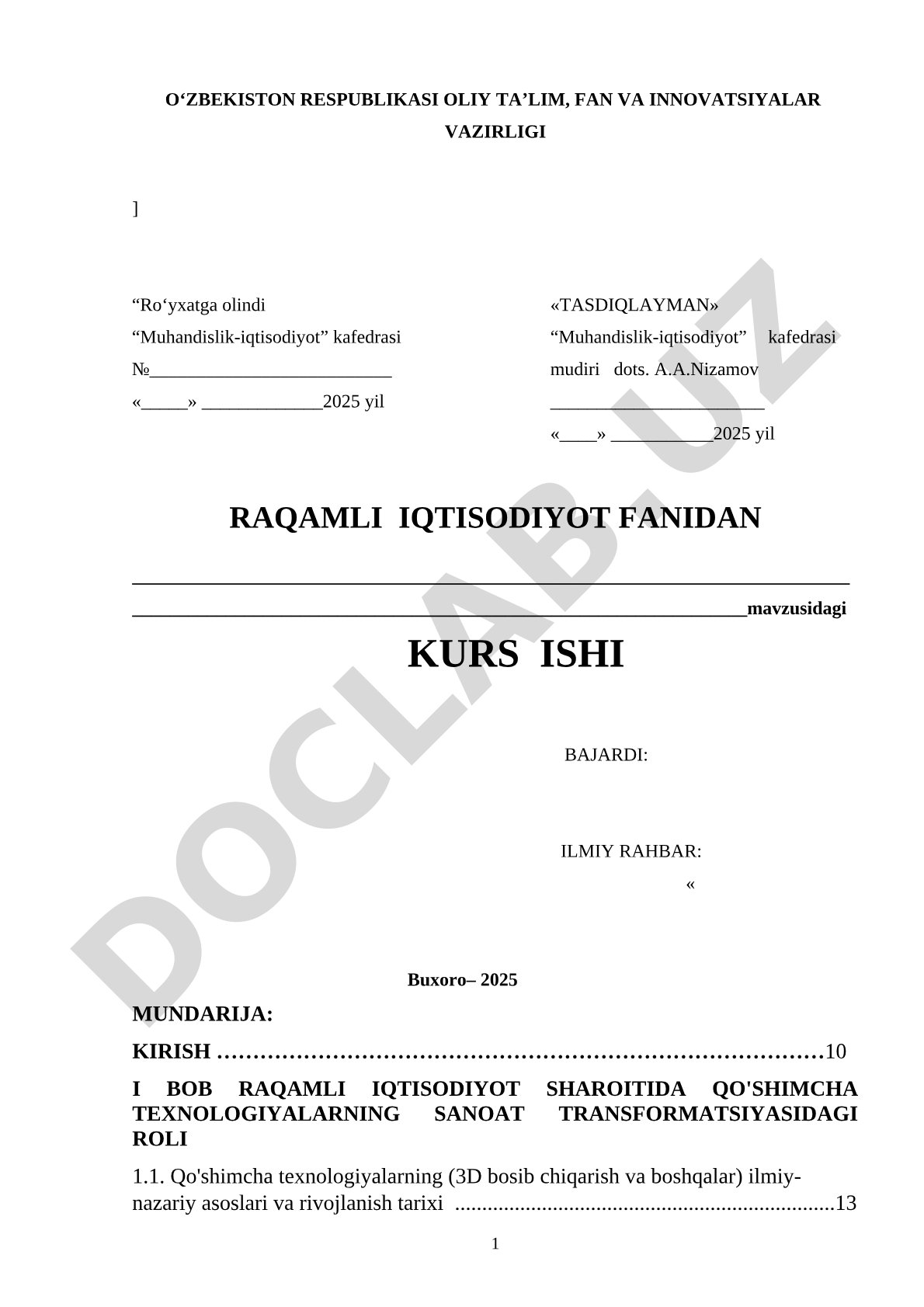 Raqamli iqtisodiyotda qo'shimcha texnologiyalar kurs ishi