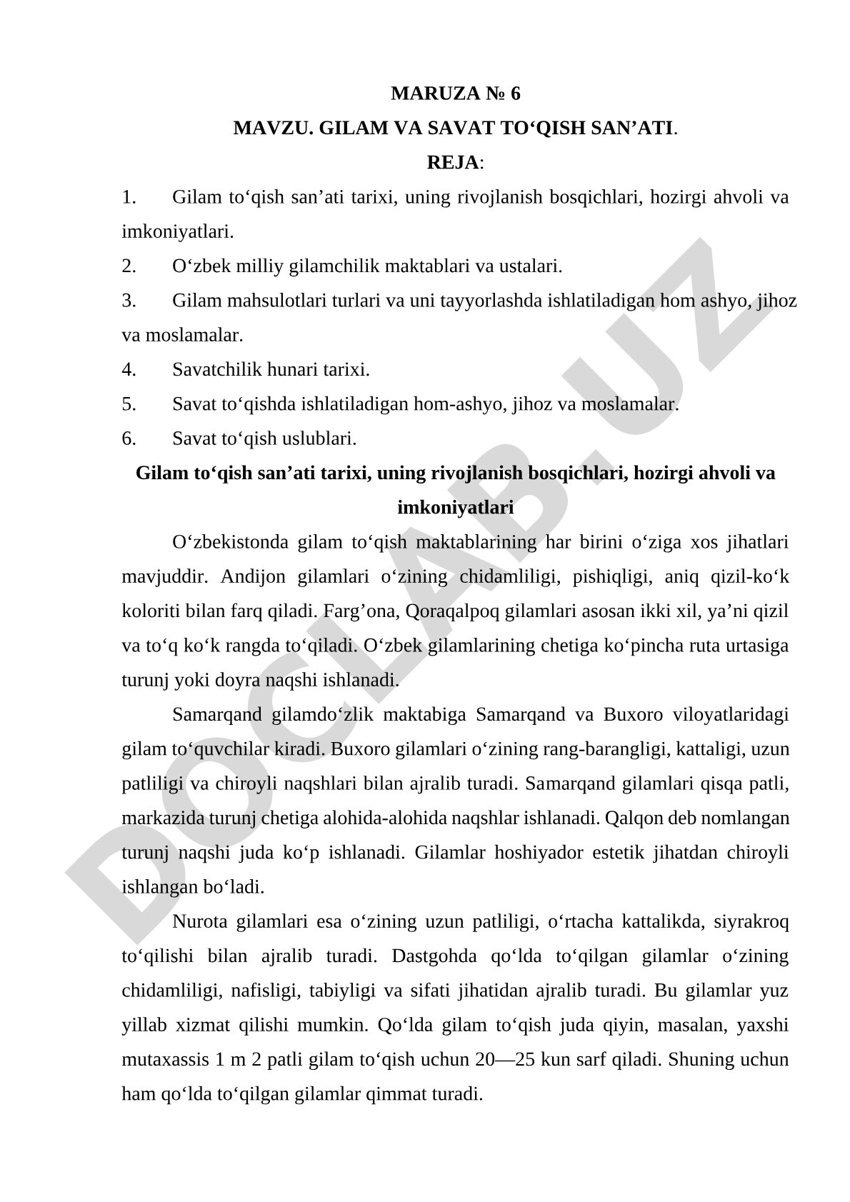 Gilam va Savat To'qish San'ati