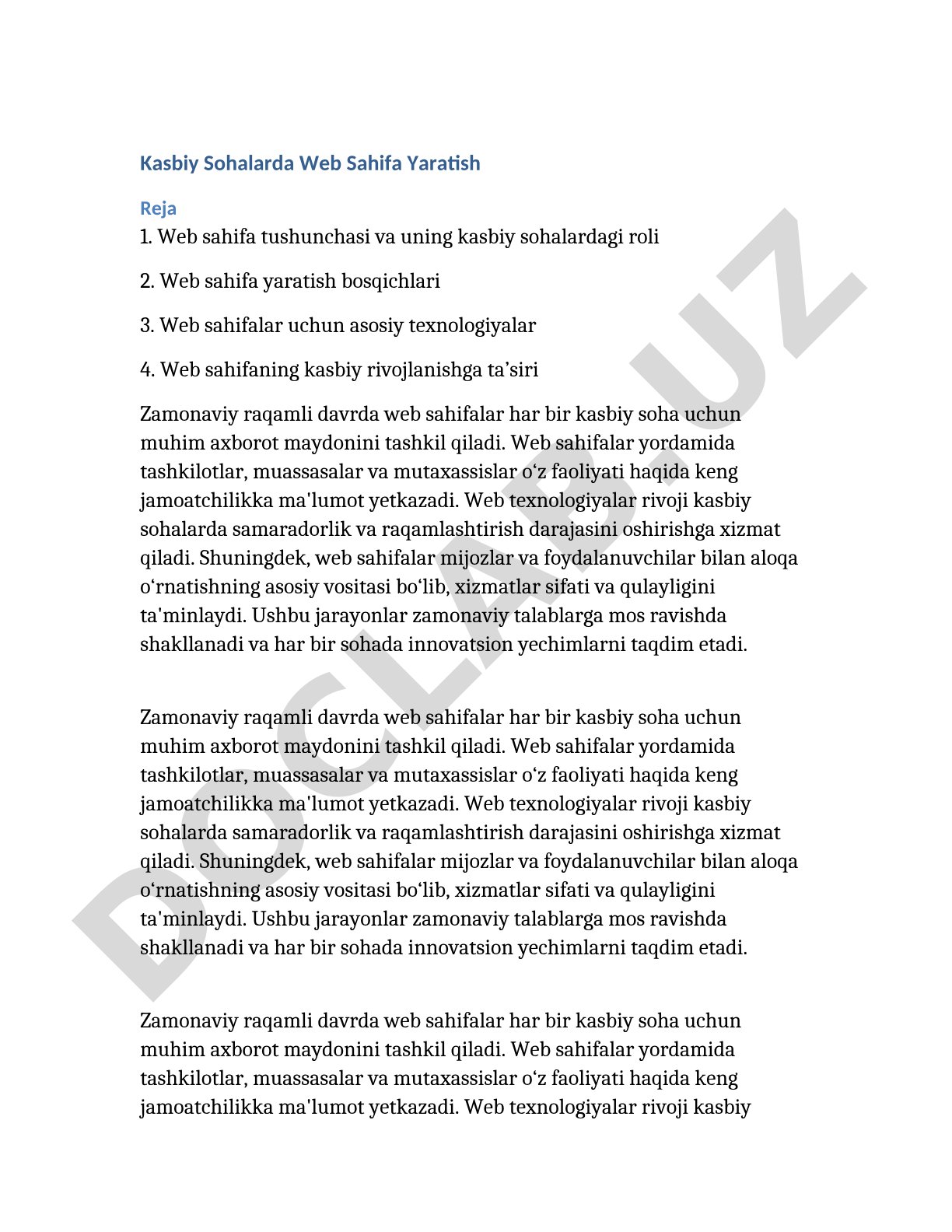 Kasbiy Web Sahifa Yaratish Rejasi