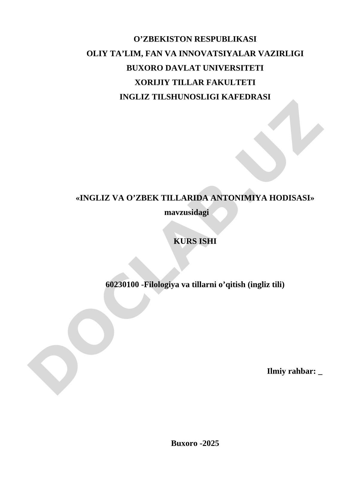 Ingliz va O'zbek Tillarida Antonimiya Hodisasi Kurs Ishi