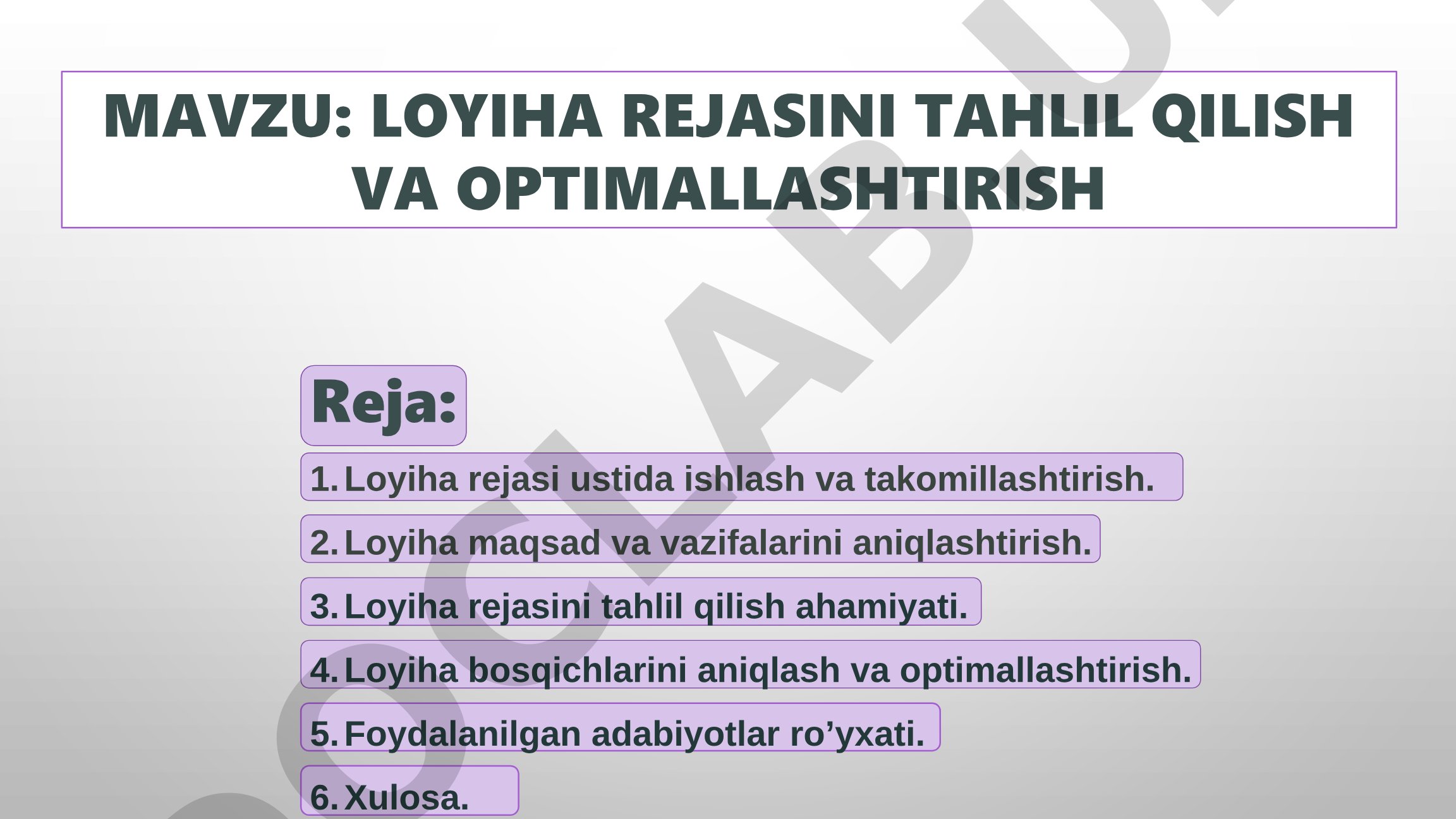 Loyiha Rejasi Tahlili va Optimallashtirish