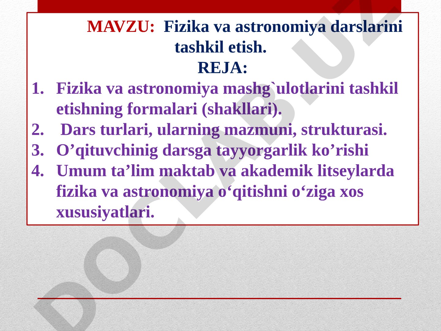 Fizika va astronomiya darslarini tashkil etish