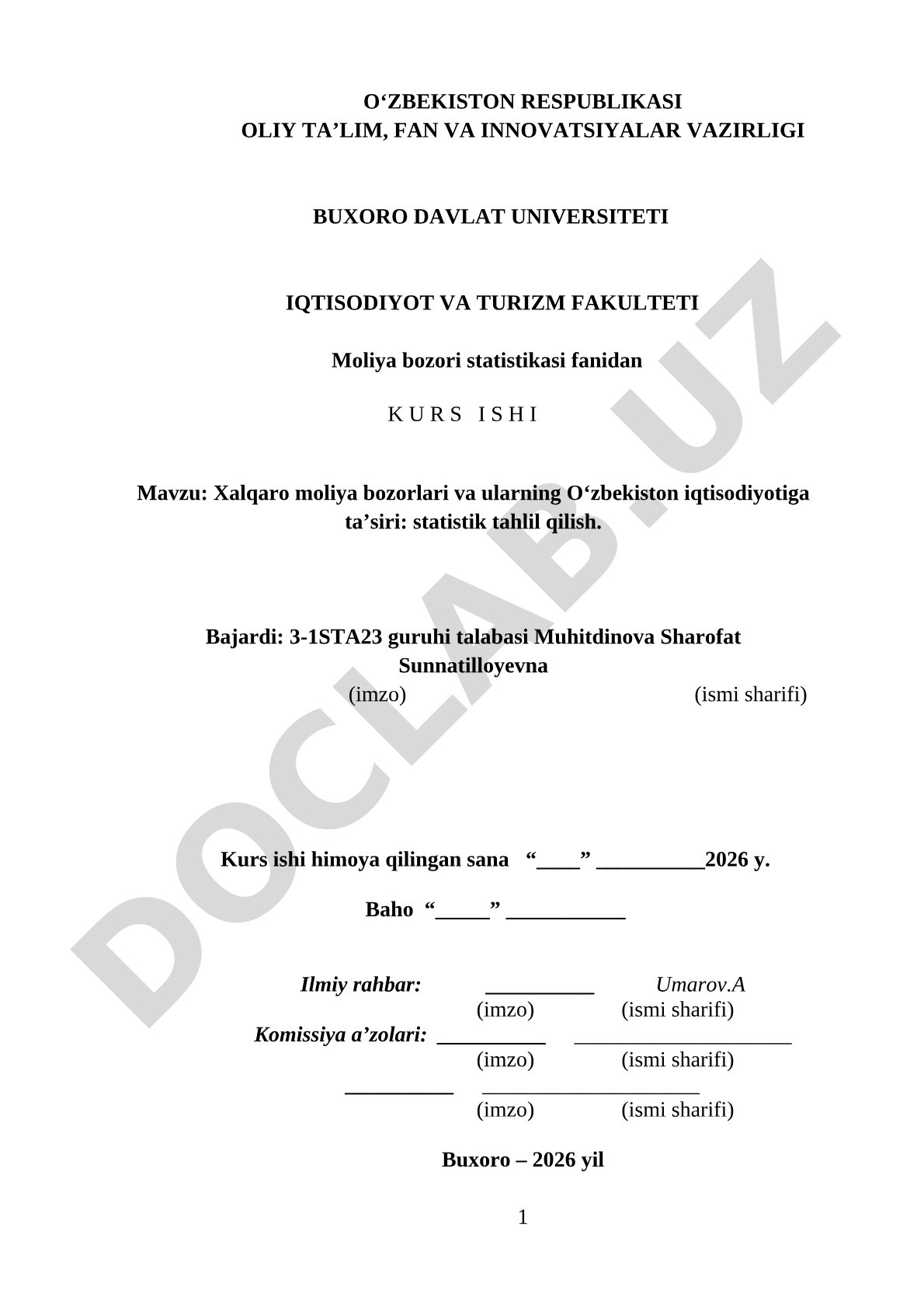 Moliya bozori statistikasi kurs ishi