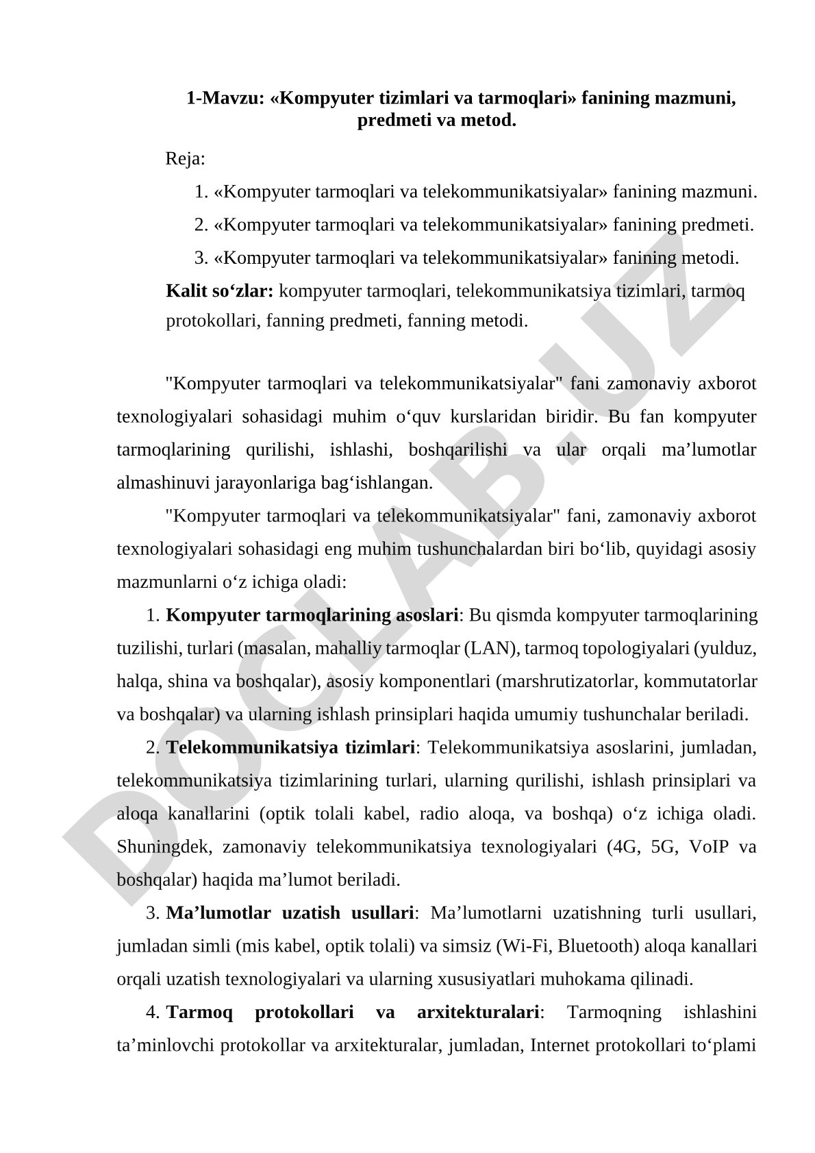 Kompyuter tarmoqlari va telekommunikatsiyalar fan rejasi