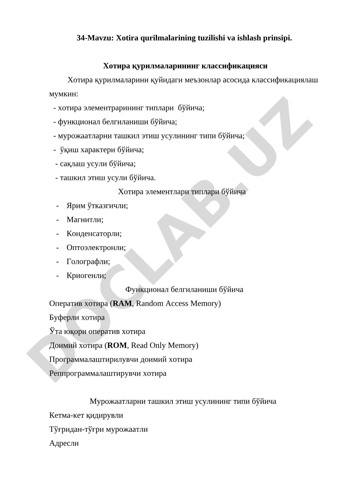 Xotira qurilmalari tuzilishi va ishlash prinsipi
