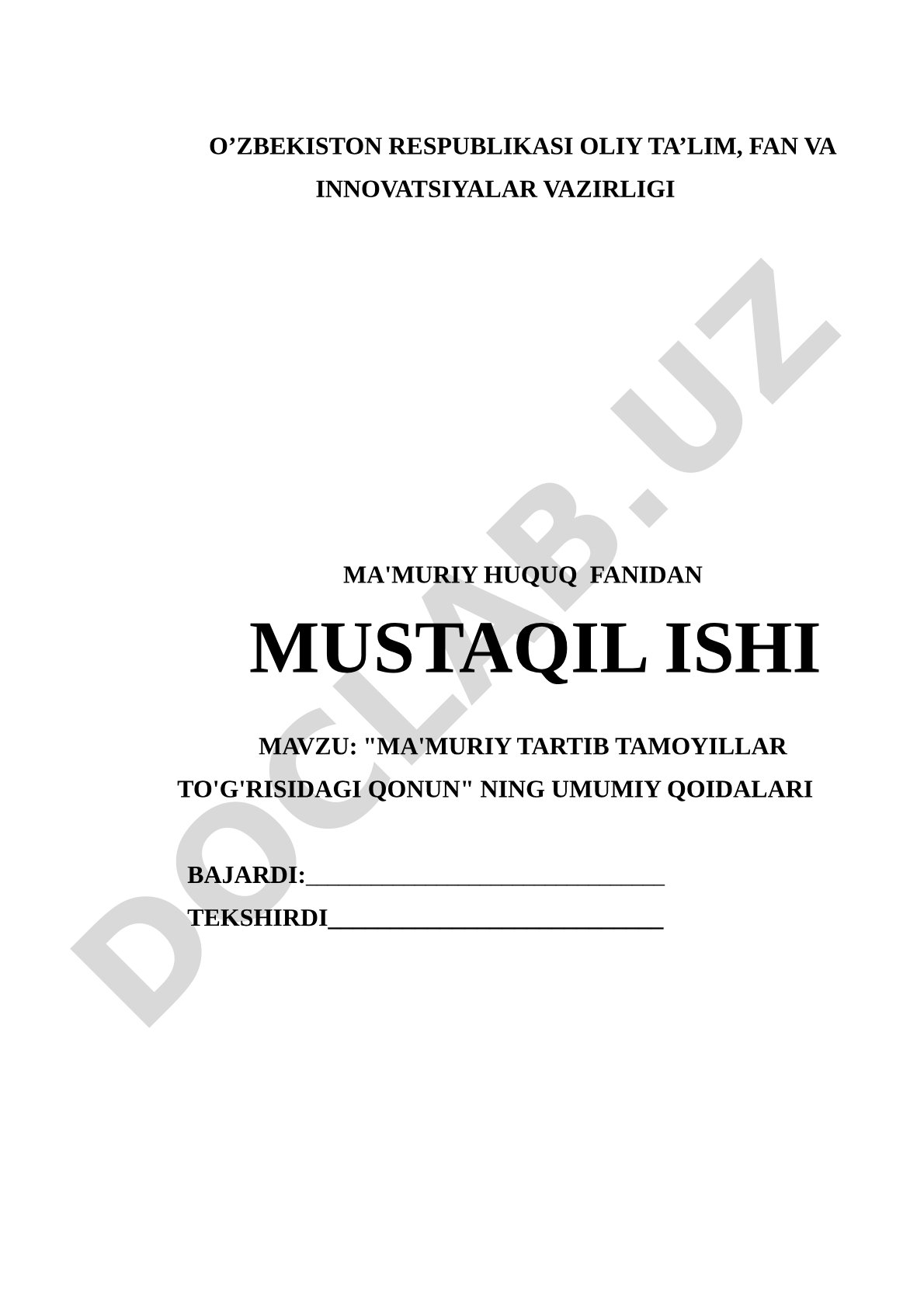 Ma'muriy Tartib Tamoyillari Qonuni Mustaqil Ishi