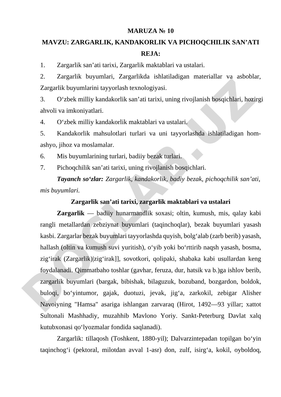 Zargarlik, Kandakorlik va Pichoqchilik San'ati Ma'ruzasi