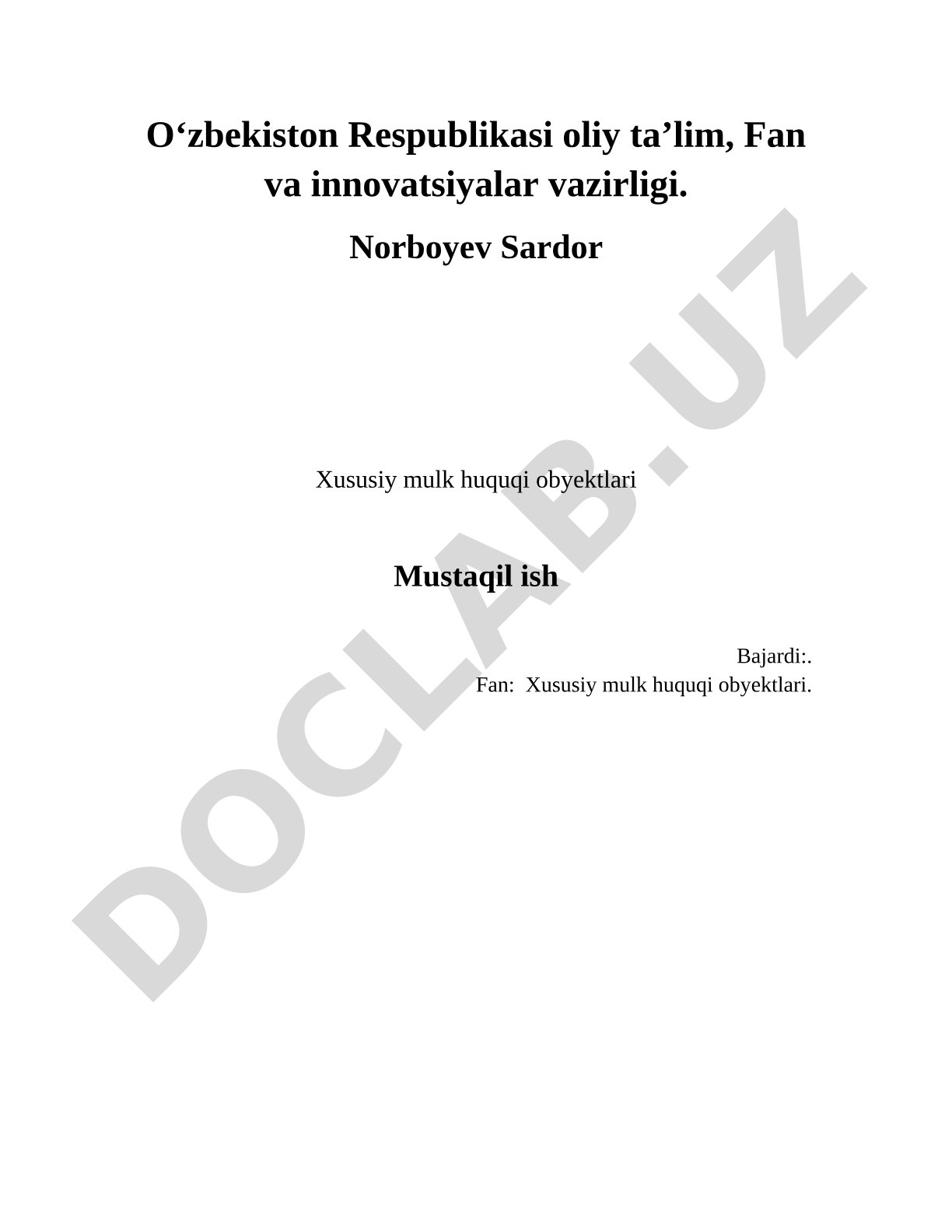 Xususiy Mulk Huquqi Mustaqil Ishi