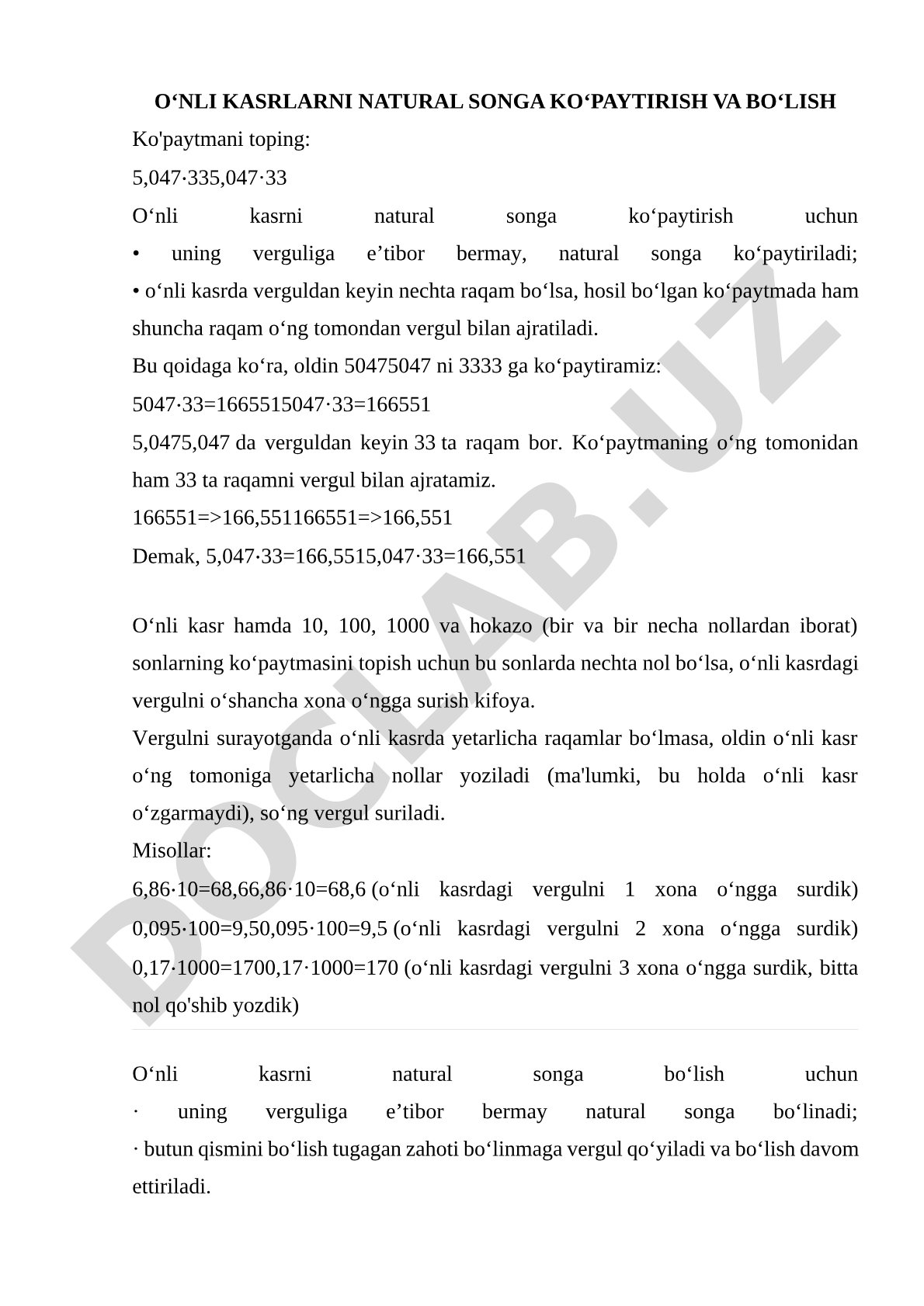 O'nli Kasrlarni Natural Songa Ko'paytirish