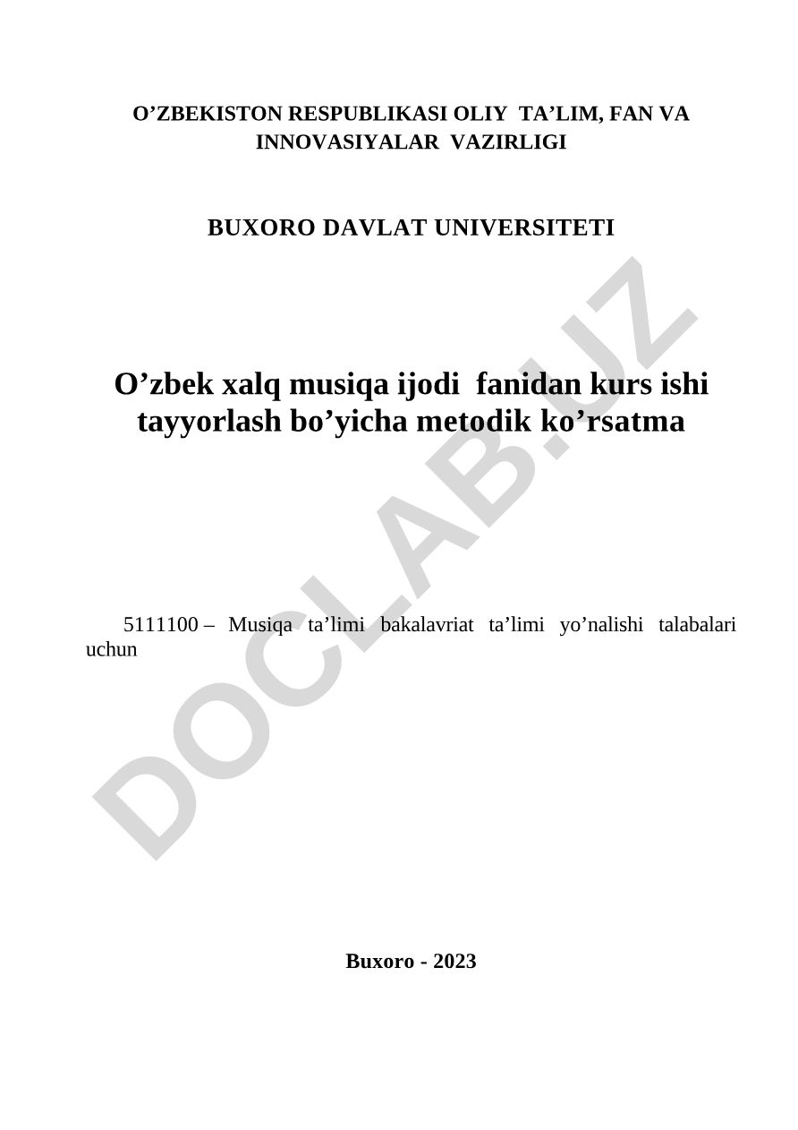 O'zbek xalq musiqa ijodi fanidan kurs ishi tayyorlash bo'yicha metodik ko'rsatma