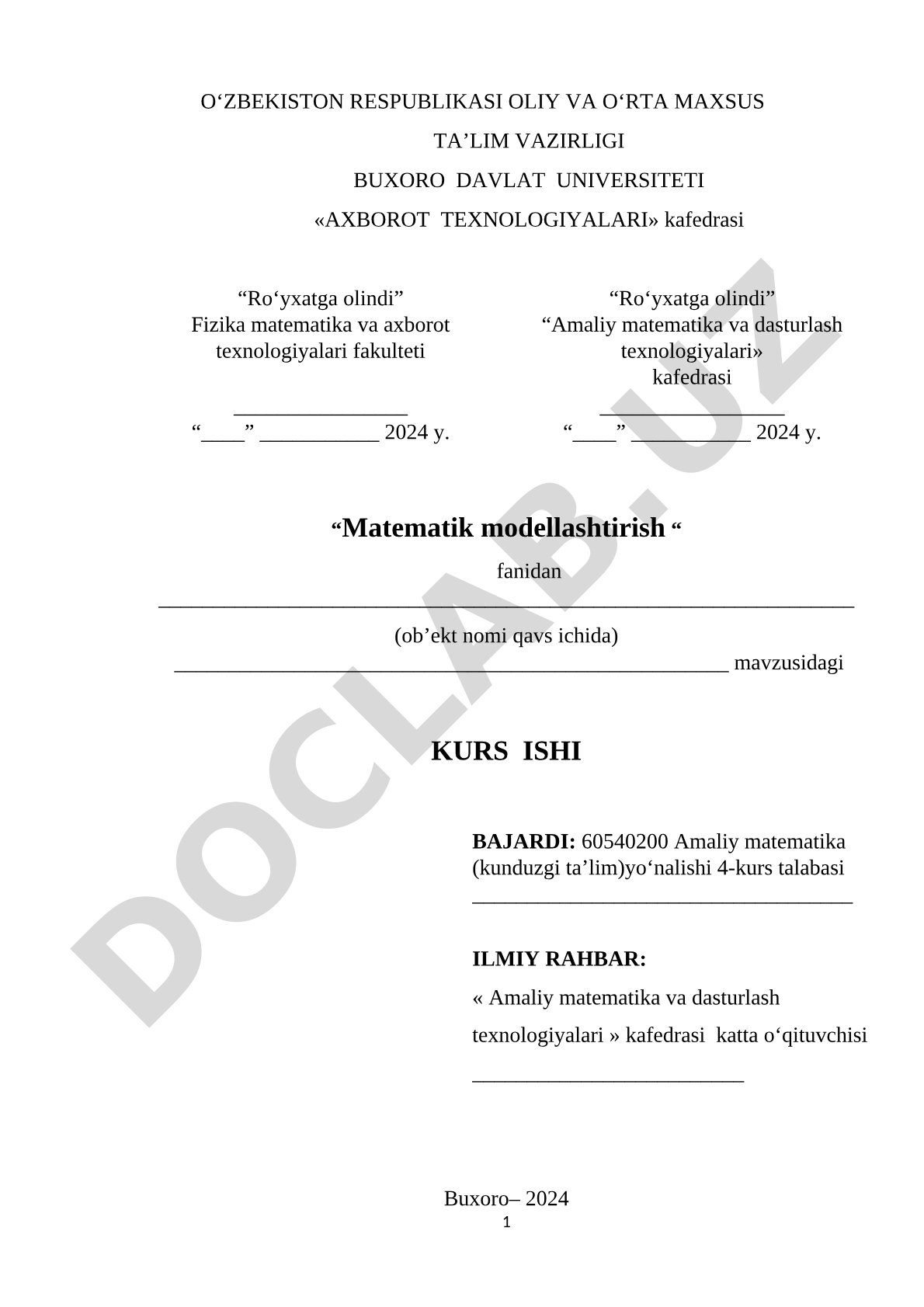 Matematik modellashtirish kurs ishi