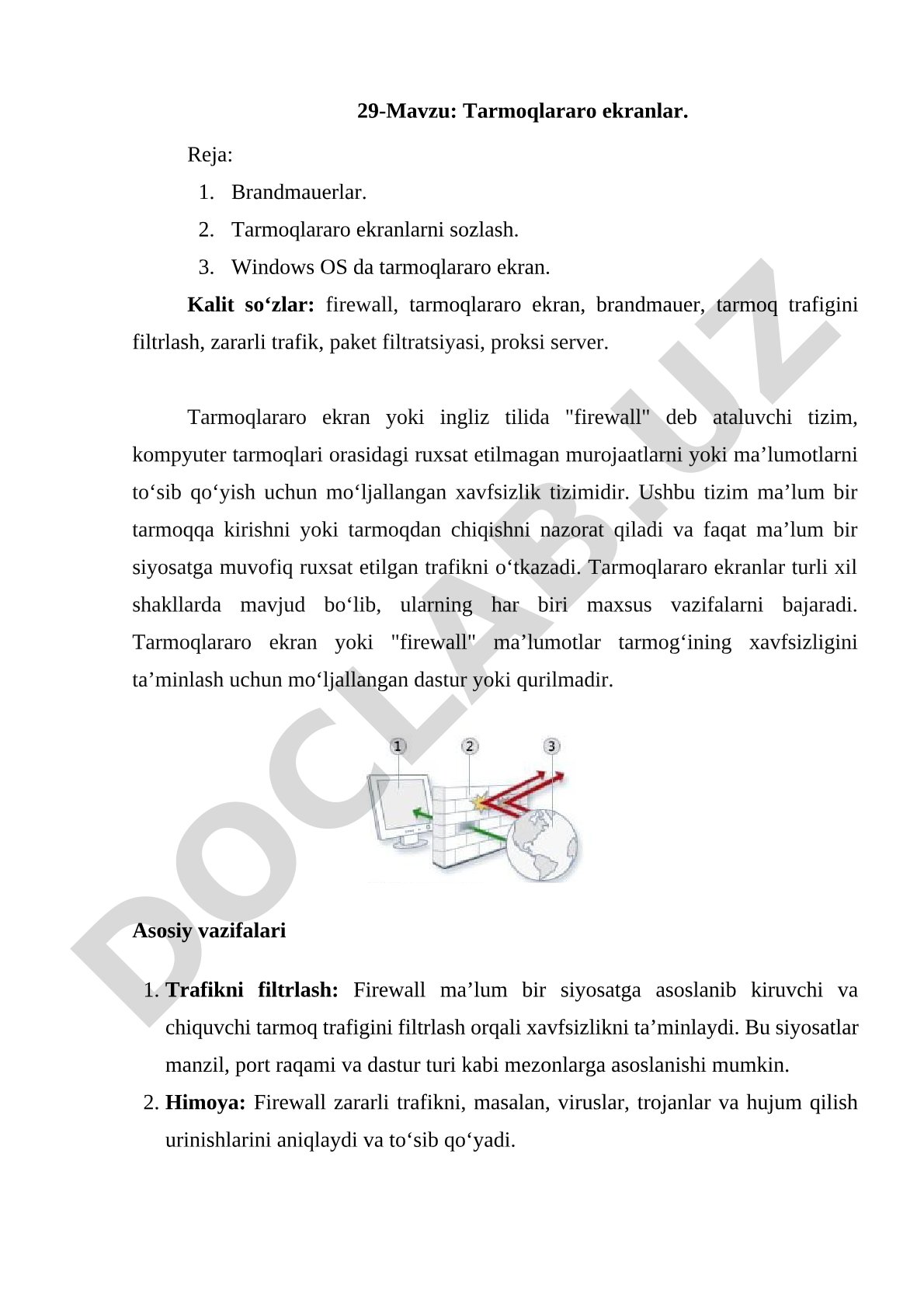 Tarmoqlararo Ekranlar (Firewall) Dars Ishlanmasi
