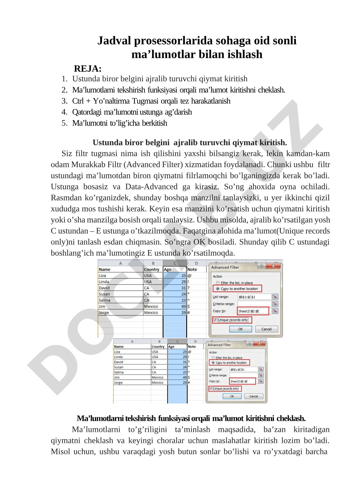 Excel Ma'lumotlar Filtrlash Qo'llanmasi