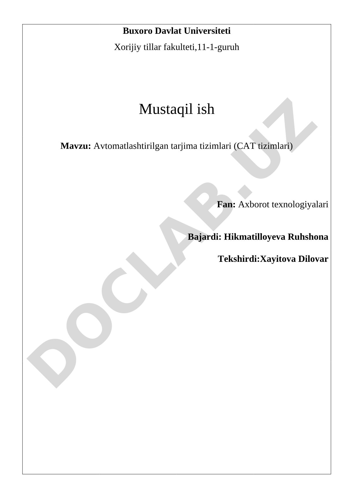 CAT Tizimlari Mustaqil Ishi