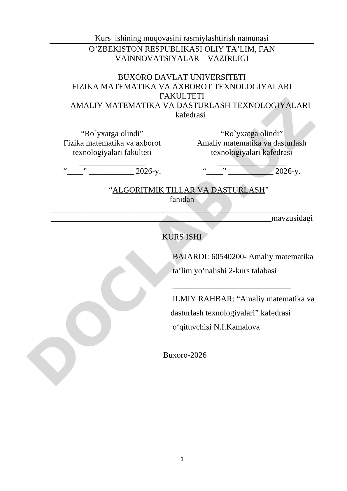 Algoritmik tillar va dasturlash fanidan kurs ishi