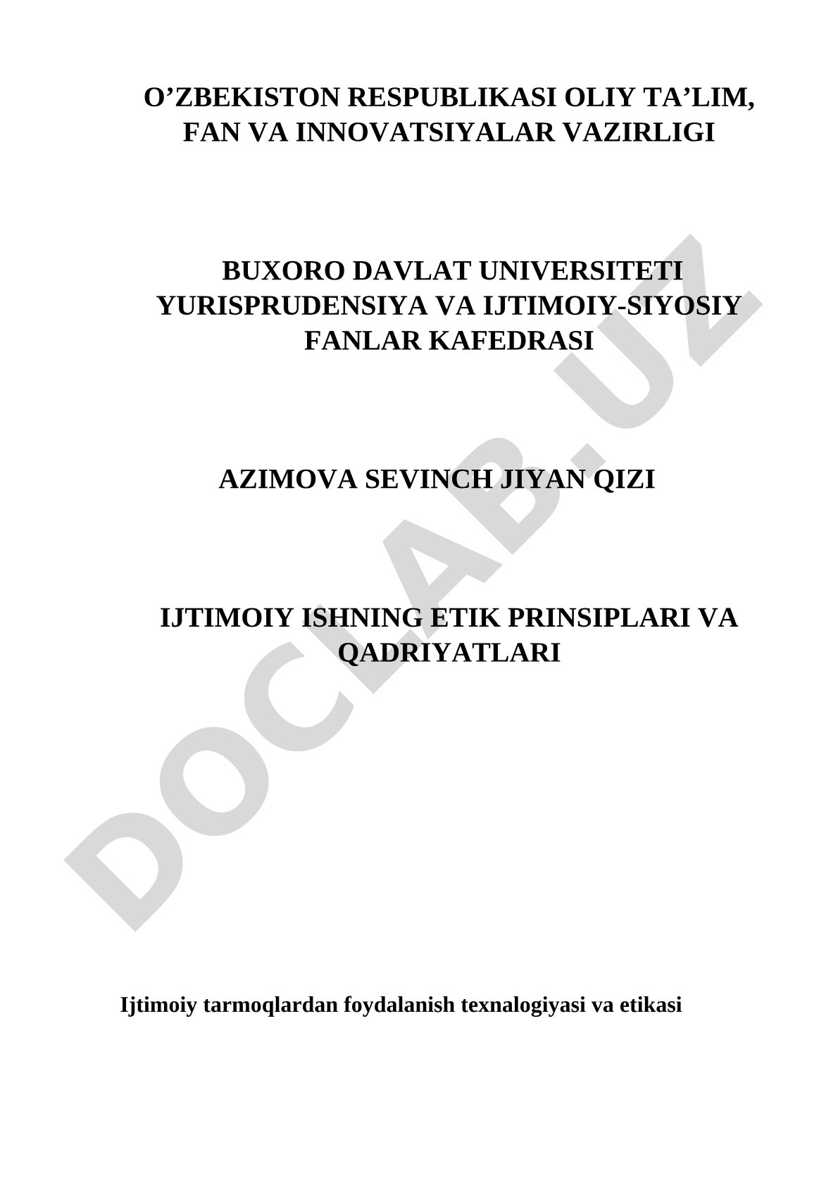 Ijtimoiy ish etikasi va qadriyatlari