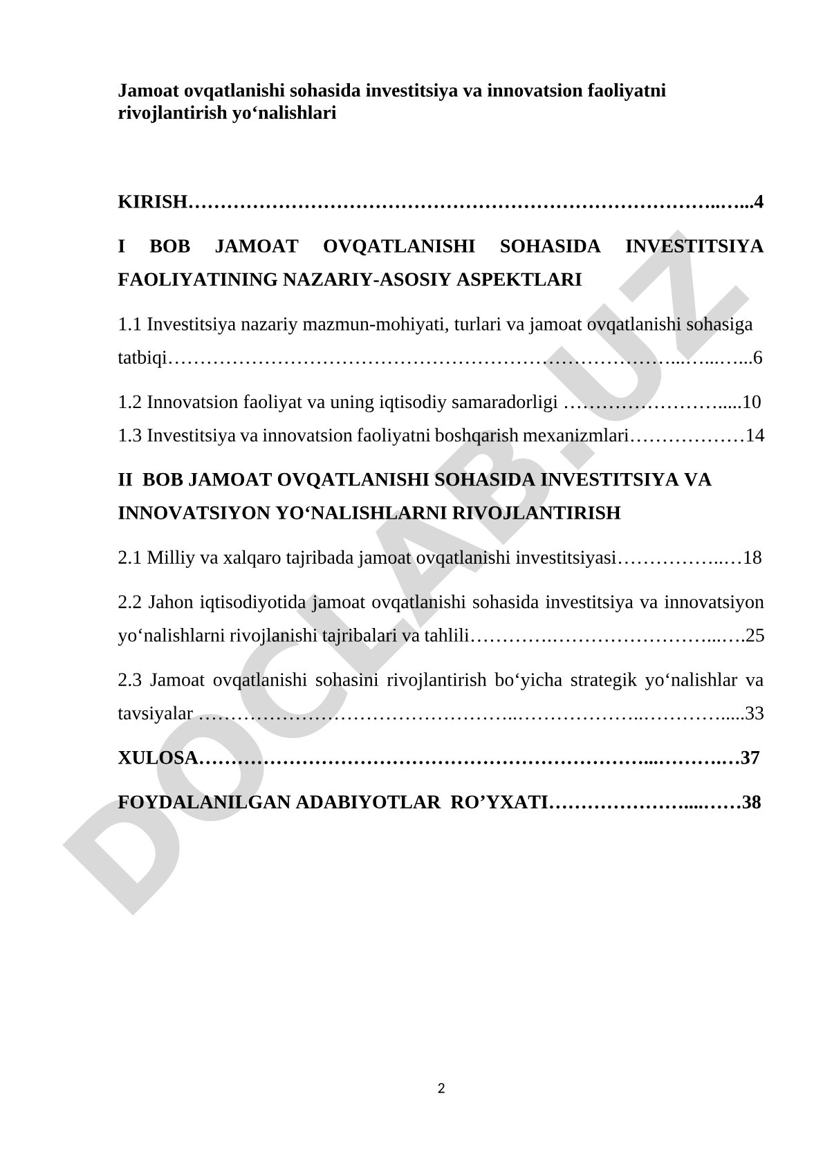 Jamoat ovqatlanishi investitsiyasi va innovatsiyalari