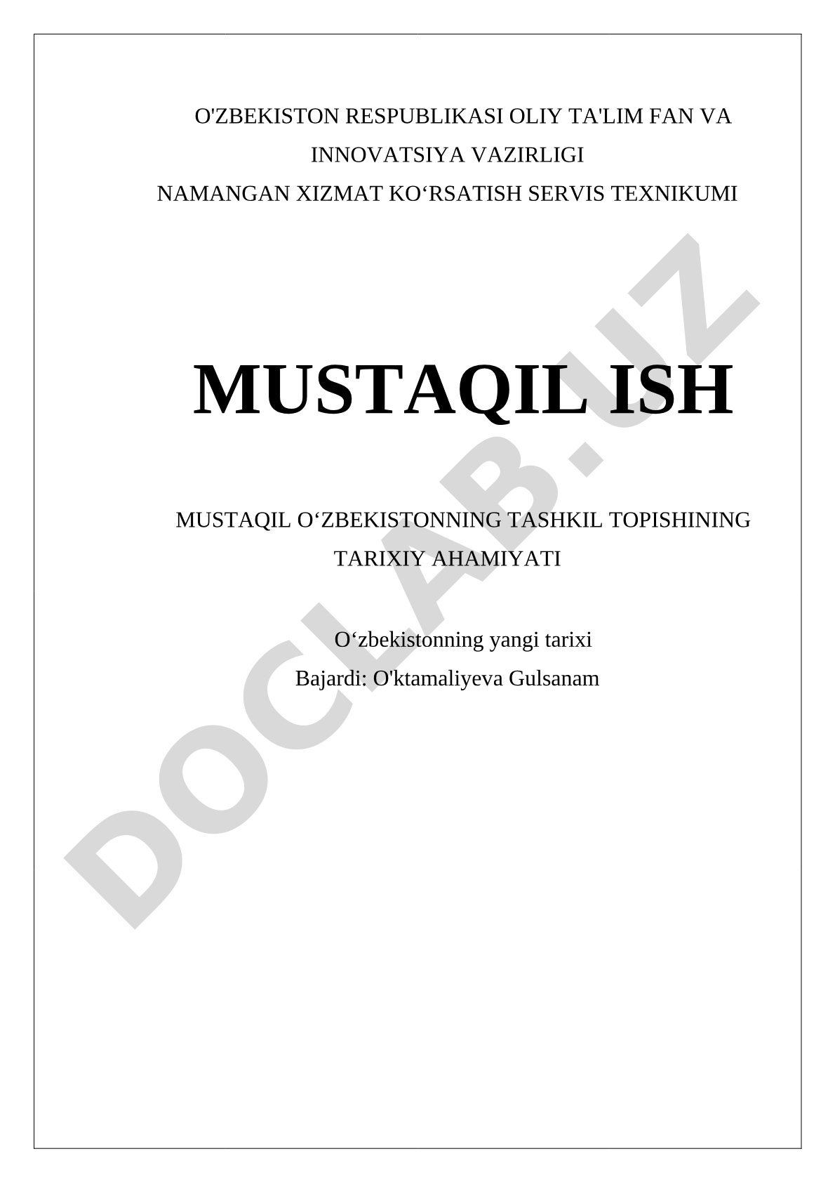 Mustaqil O'zbekistonning Tashkil Topishi
