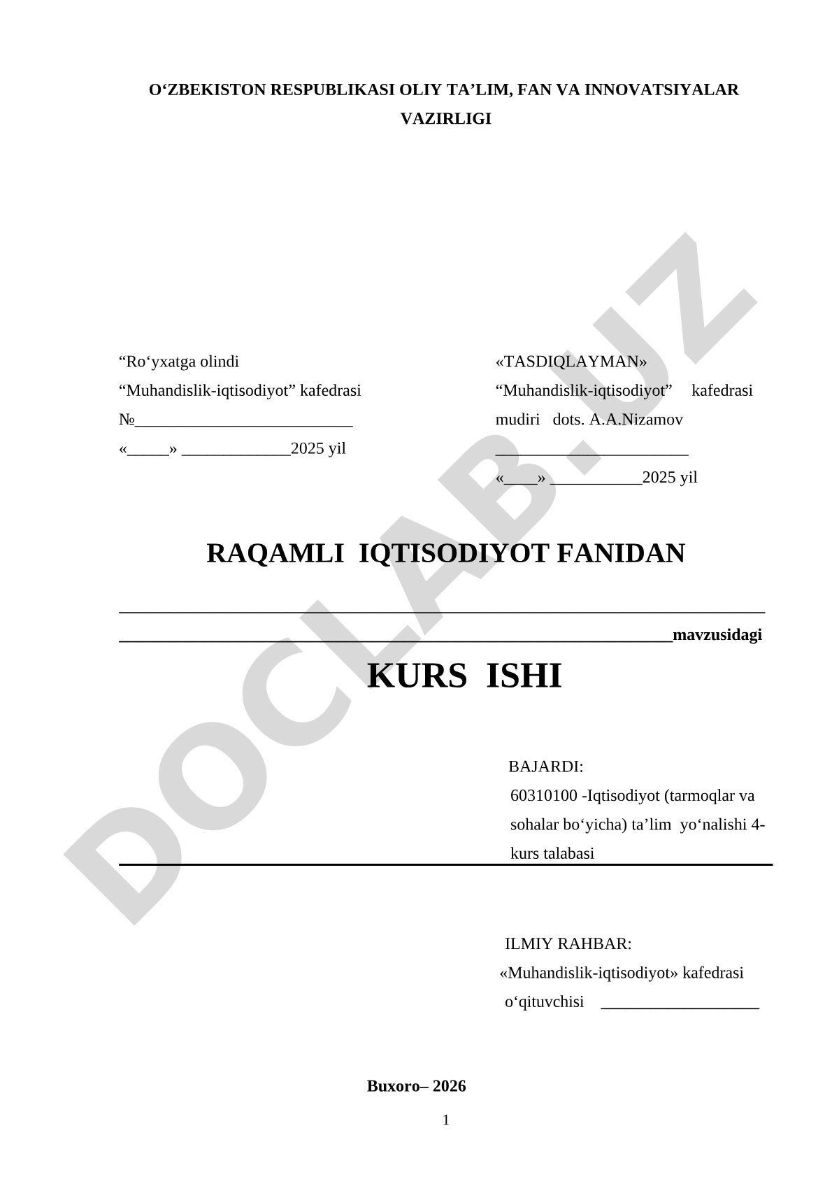 Raqamli iqtisodiyot kurs ishi