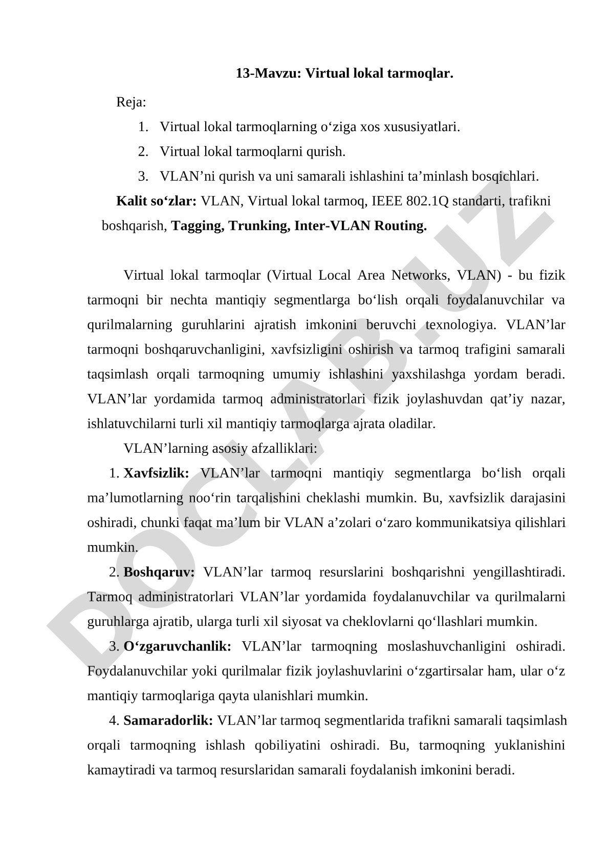 Virtual lokal tarmoqlar (VLAN) qo'llanmasi
