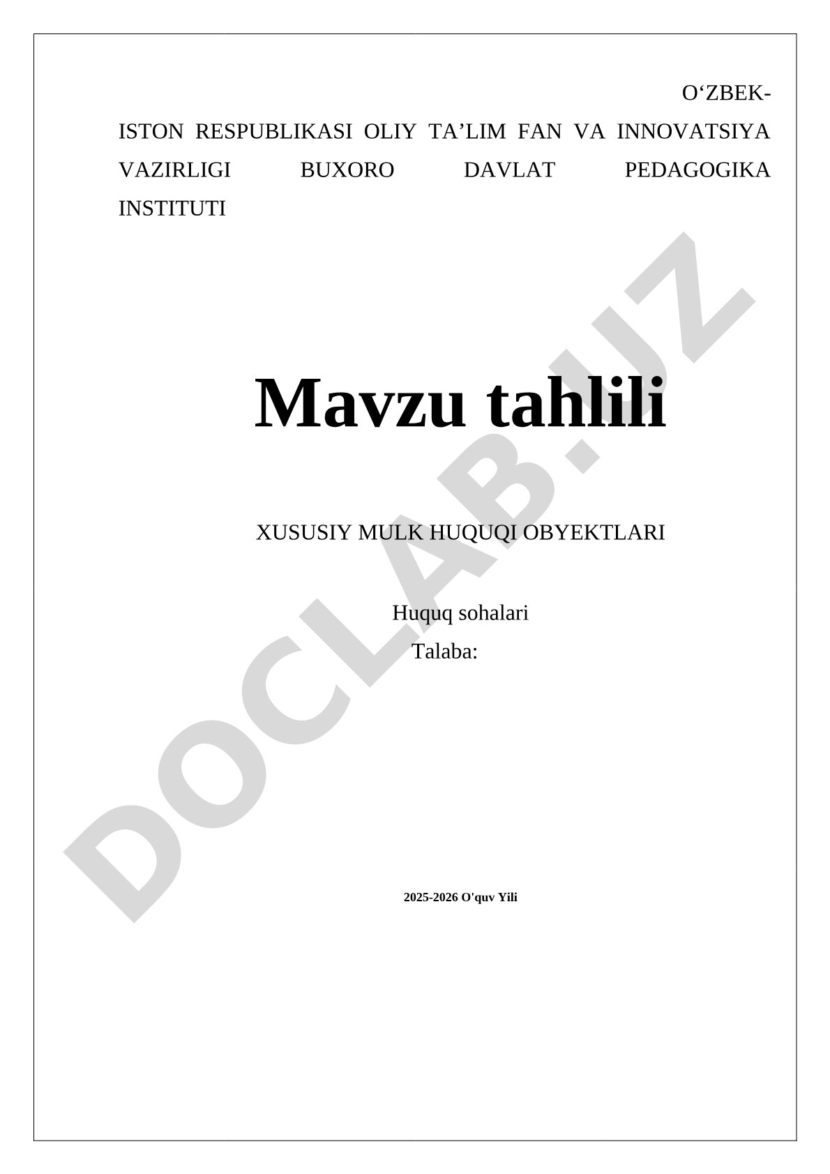 Xususiy Mulk Huquqi Obyektlari Tahlili
