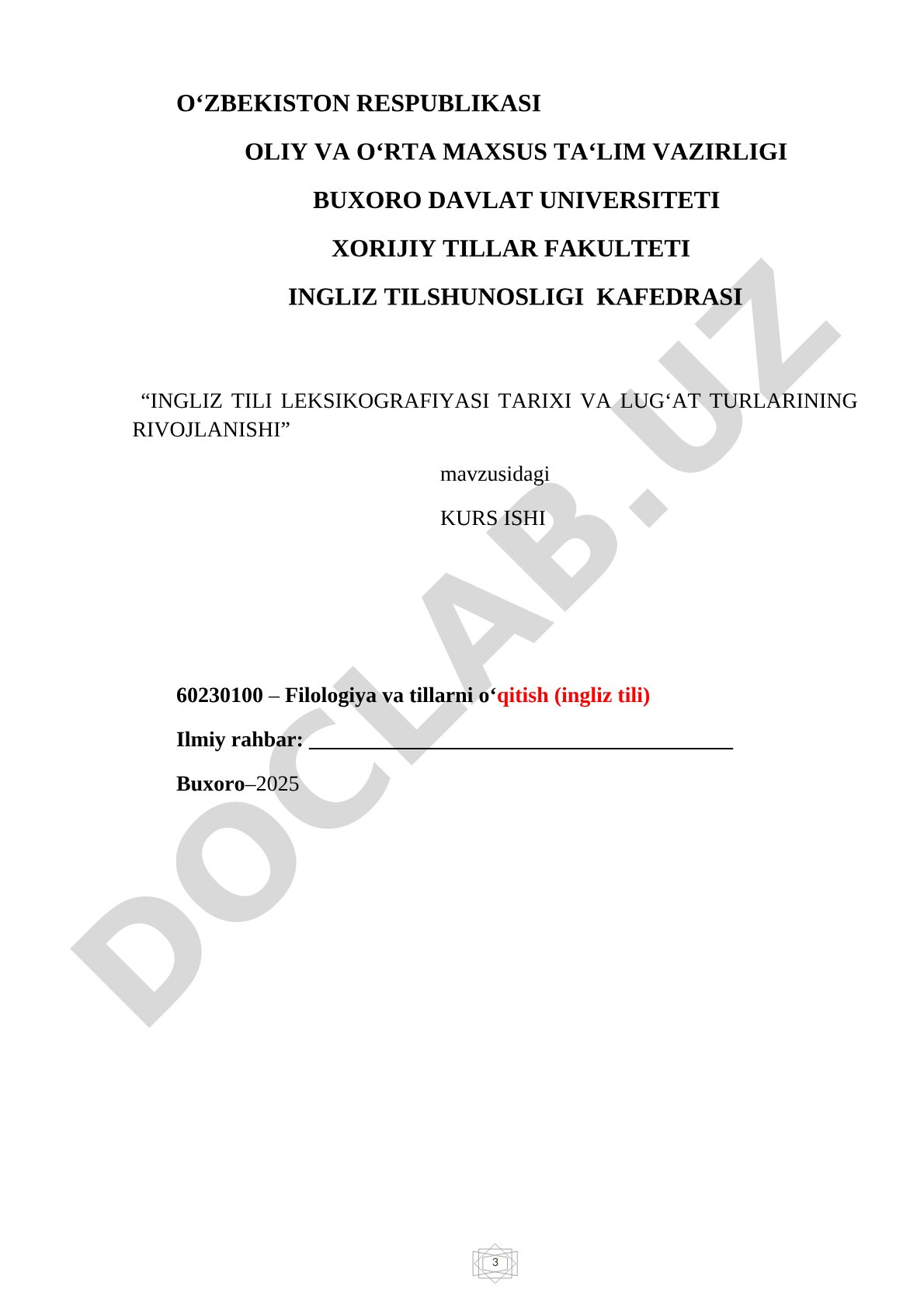 Ingliz tili leksikografiyasi tarixi va lug'at turlari kurs ishi