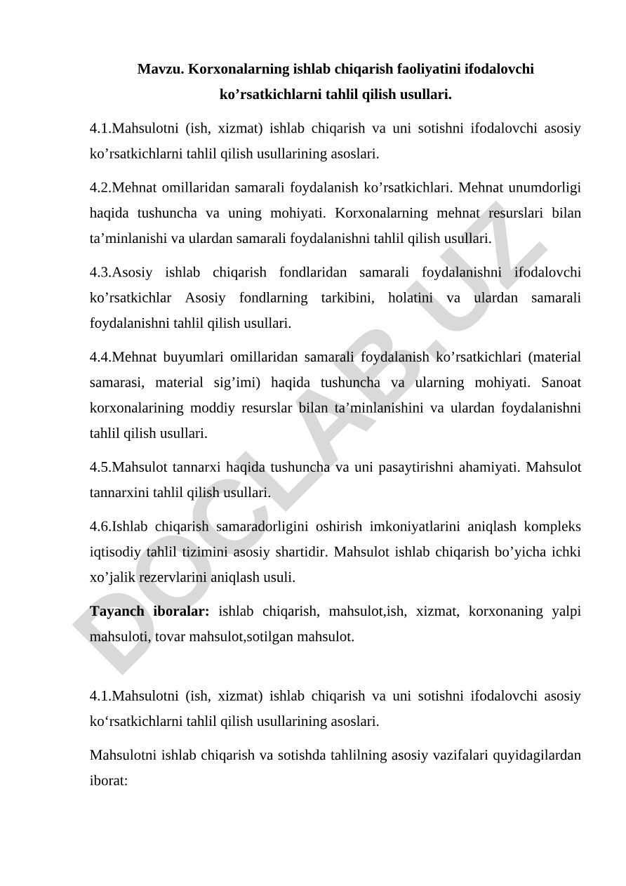Korxonalarning ishlab chiqarish faoliyatini ifodalovchi ko’rsatkichlarni tahlil qilish usullari