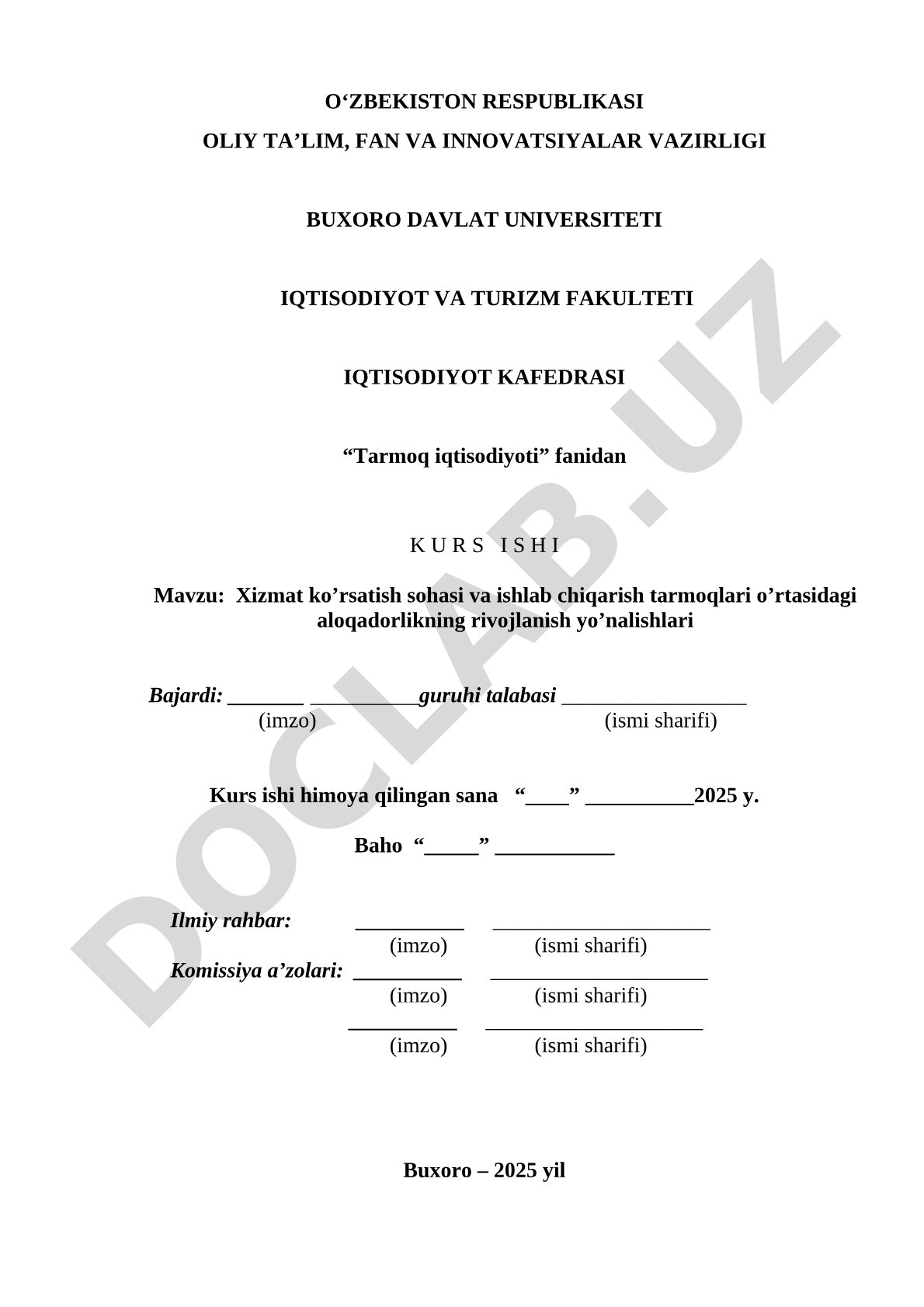 Xizmat ko'rsatish va ishlab chiqarish tarmoqlari aloqadorligi kurs ishi
