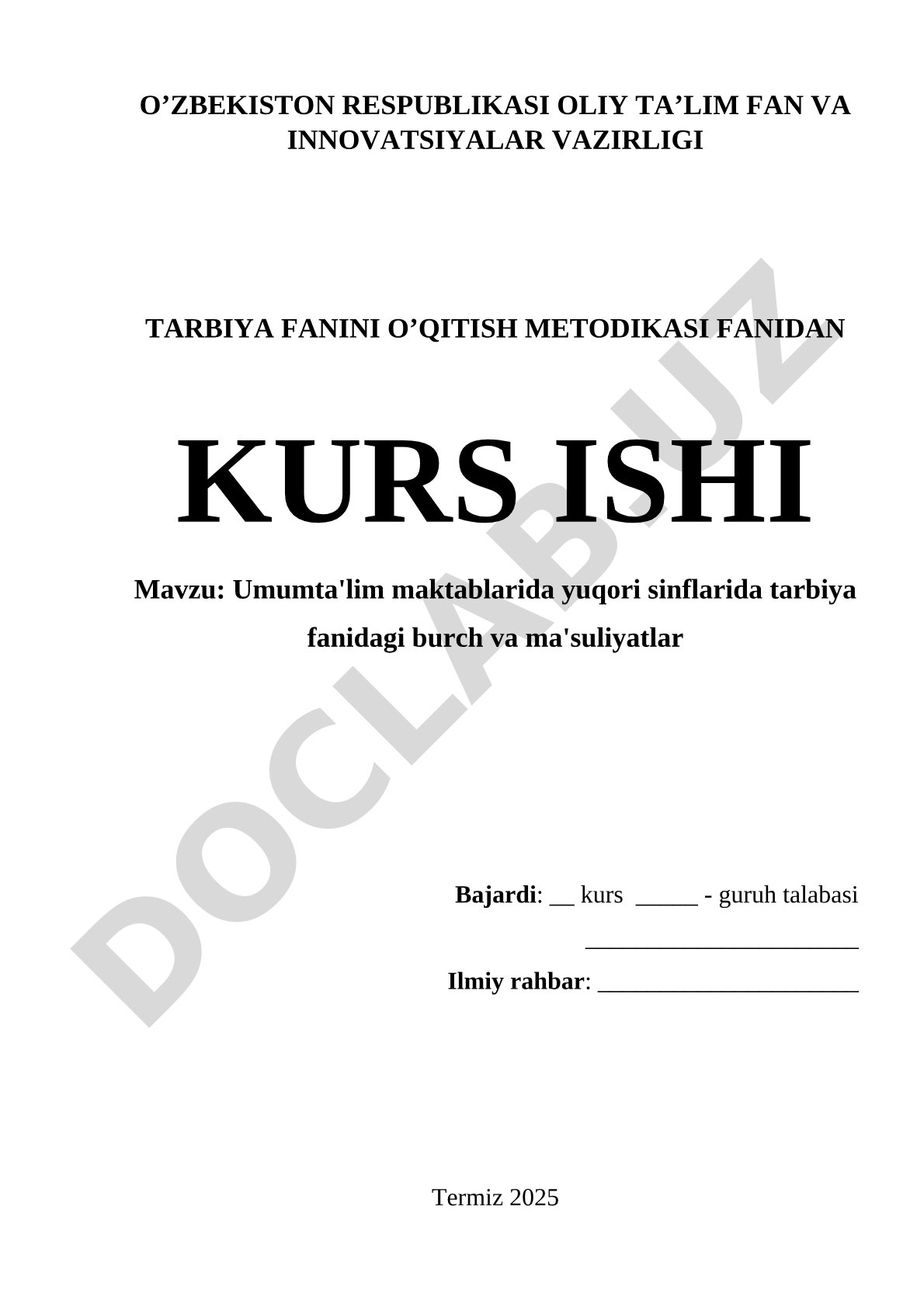 Tarbiya fanidan kurs ishi