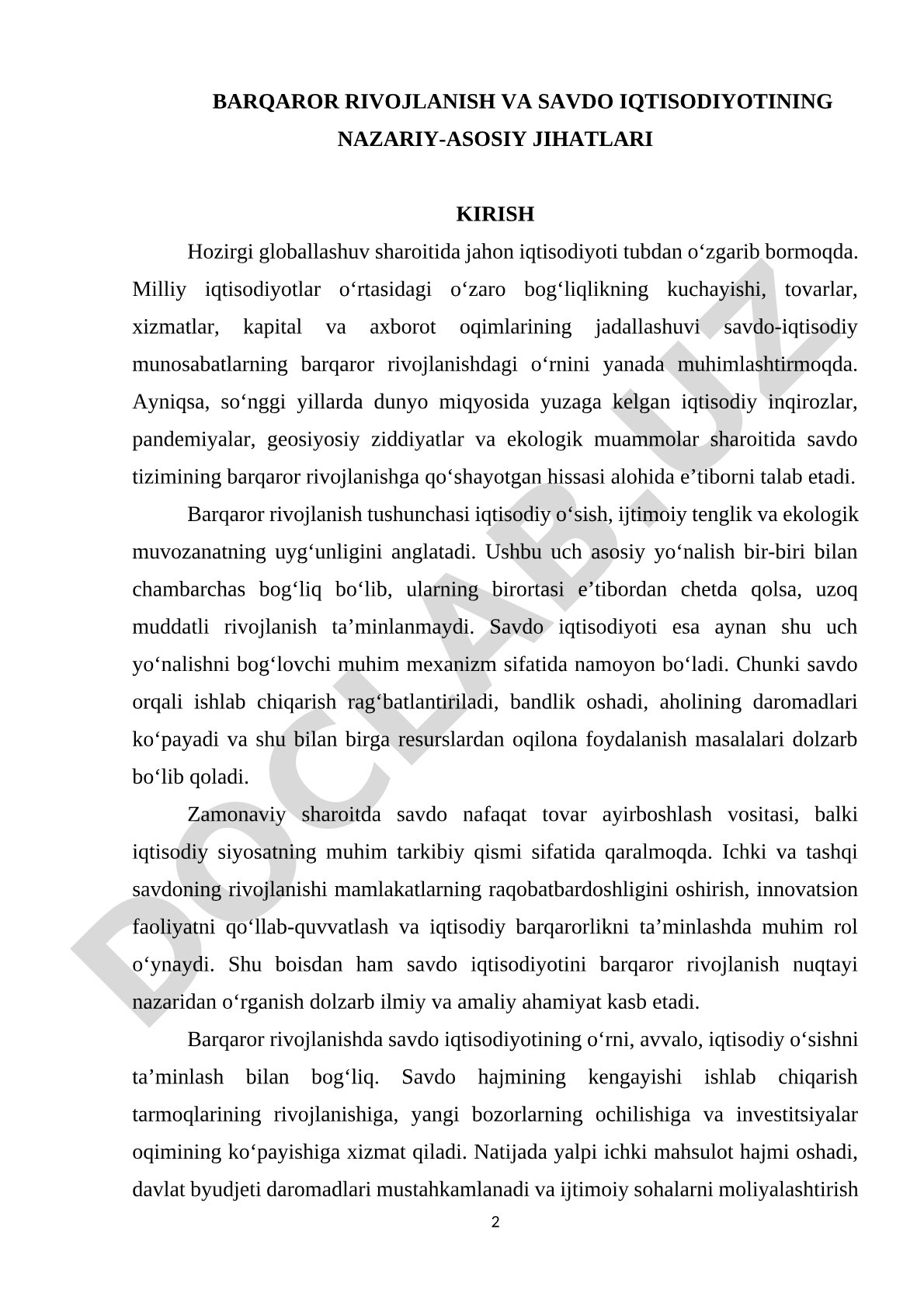 Barqaror Rivojlanish va Savdo Iqtisodiyoti