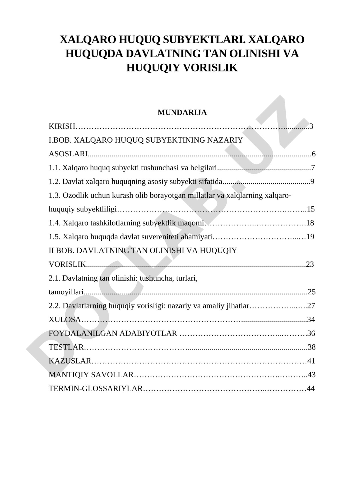 Xalqaro Huquq Subyektlari va Davlat Tan Olinishi