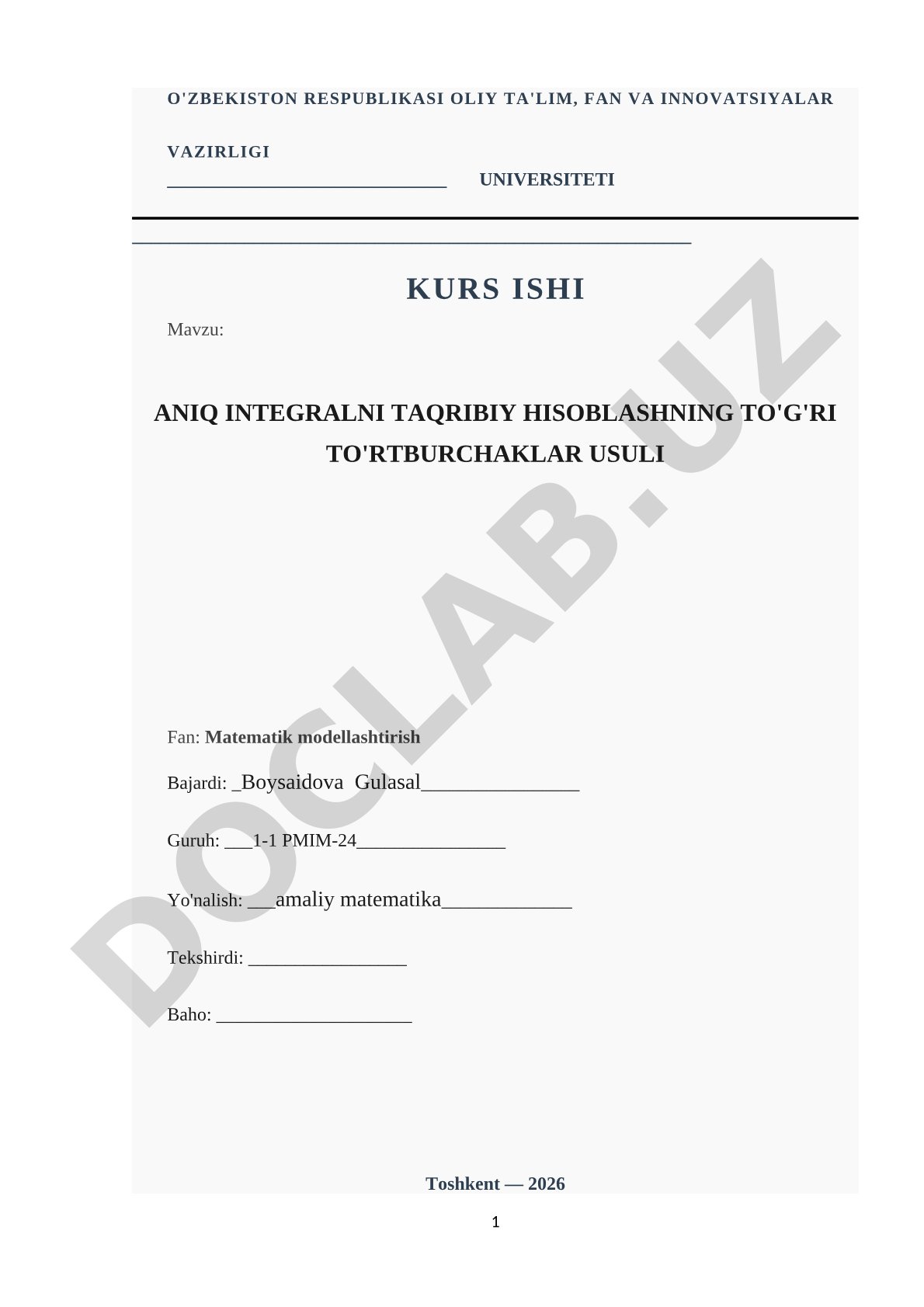 Aniq integralni taqribiy hisoblashning to'g'ri to'rtburchaklar usuli