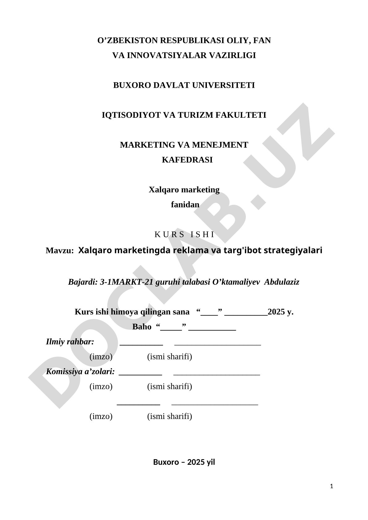 Xalqaro marketingda reklama va targ'ibot strategiyalari kurs ishi