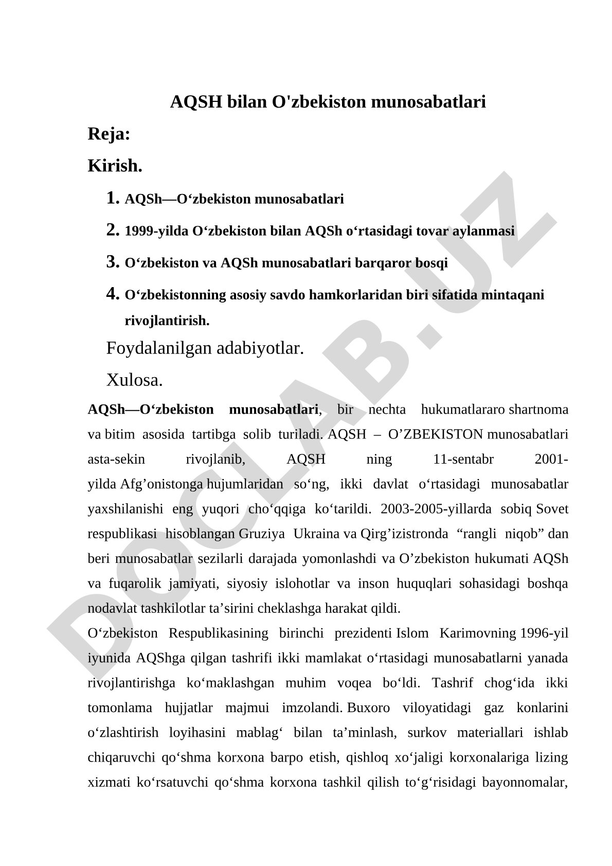 AQSH-O'zbekiston Munosabatlari Kurs Ishi