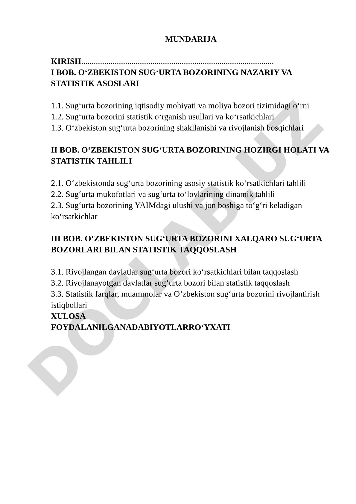 O'zbekiston sug'urta bozori statistik tahlili