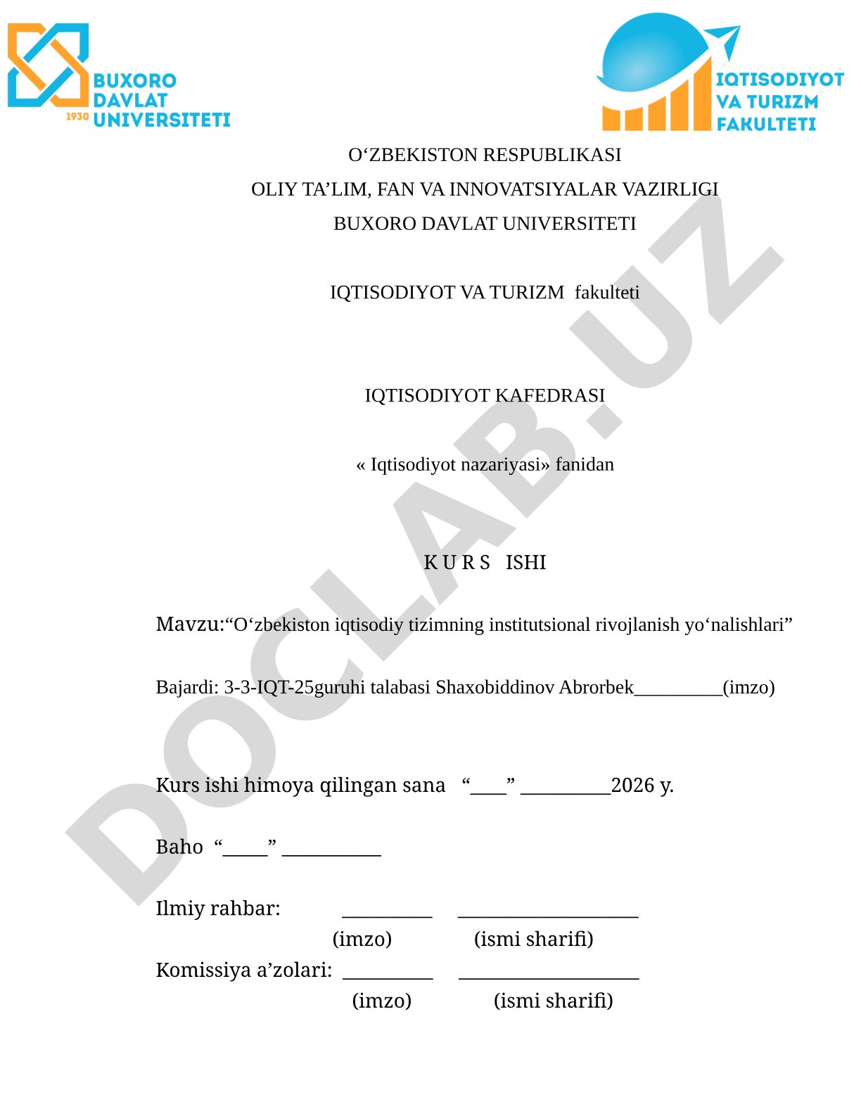 Oʻzbekiston iqtisodiy tizimning institutsional rivojlanish yoʻnalishlari