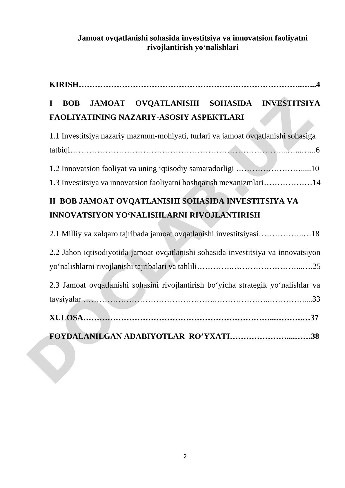 Jamoat Ovqatlanishi Sohasida Investitsiya va Innovatsion Faoliyat
