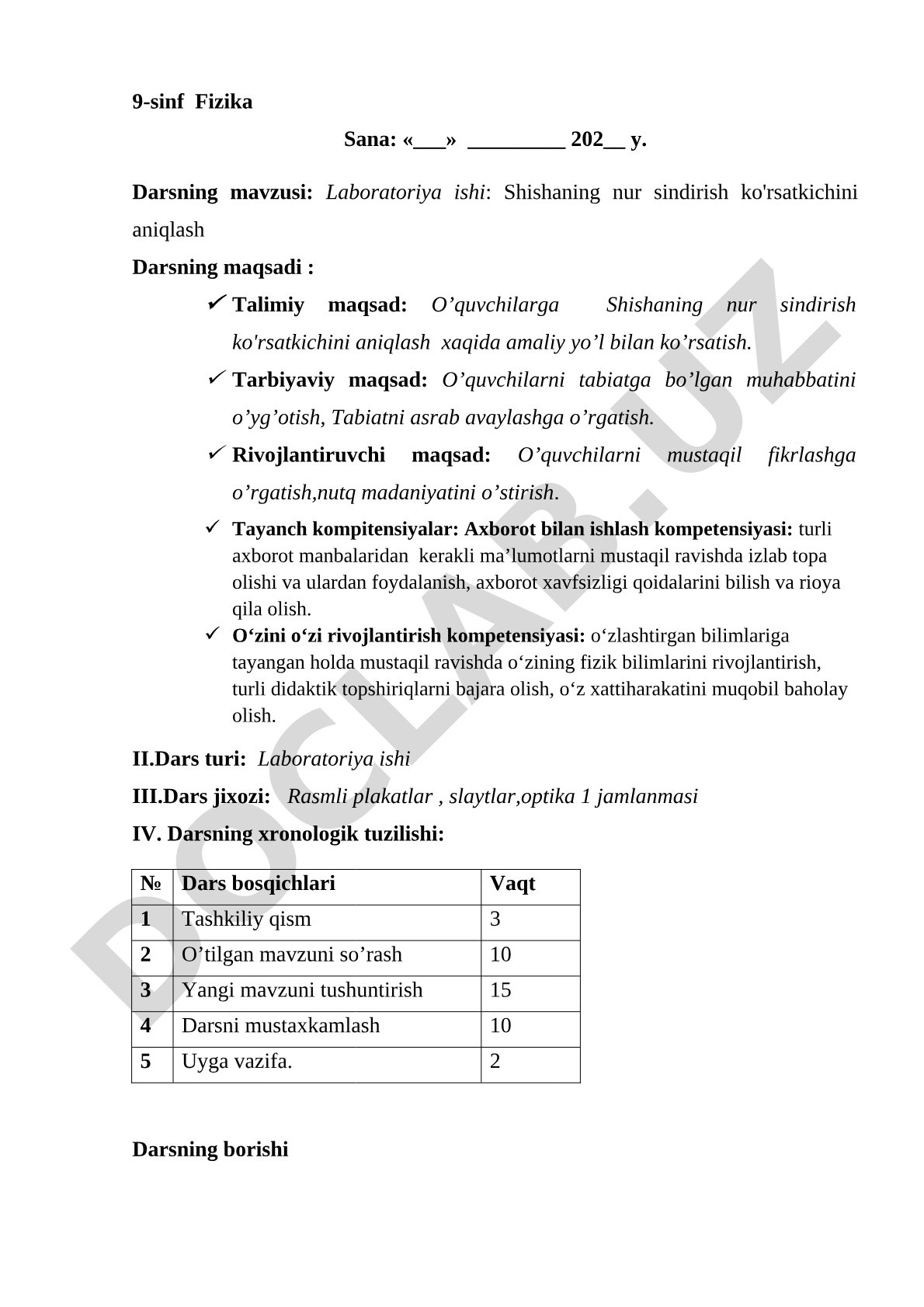 Shishaning nur sindirish ko'rsatkichini aniqlash laboratoriya ishi