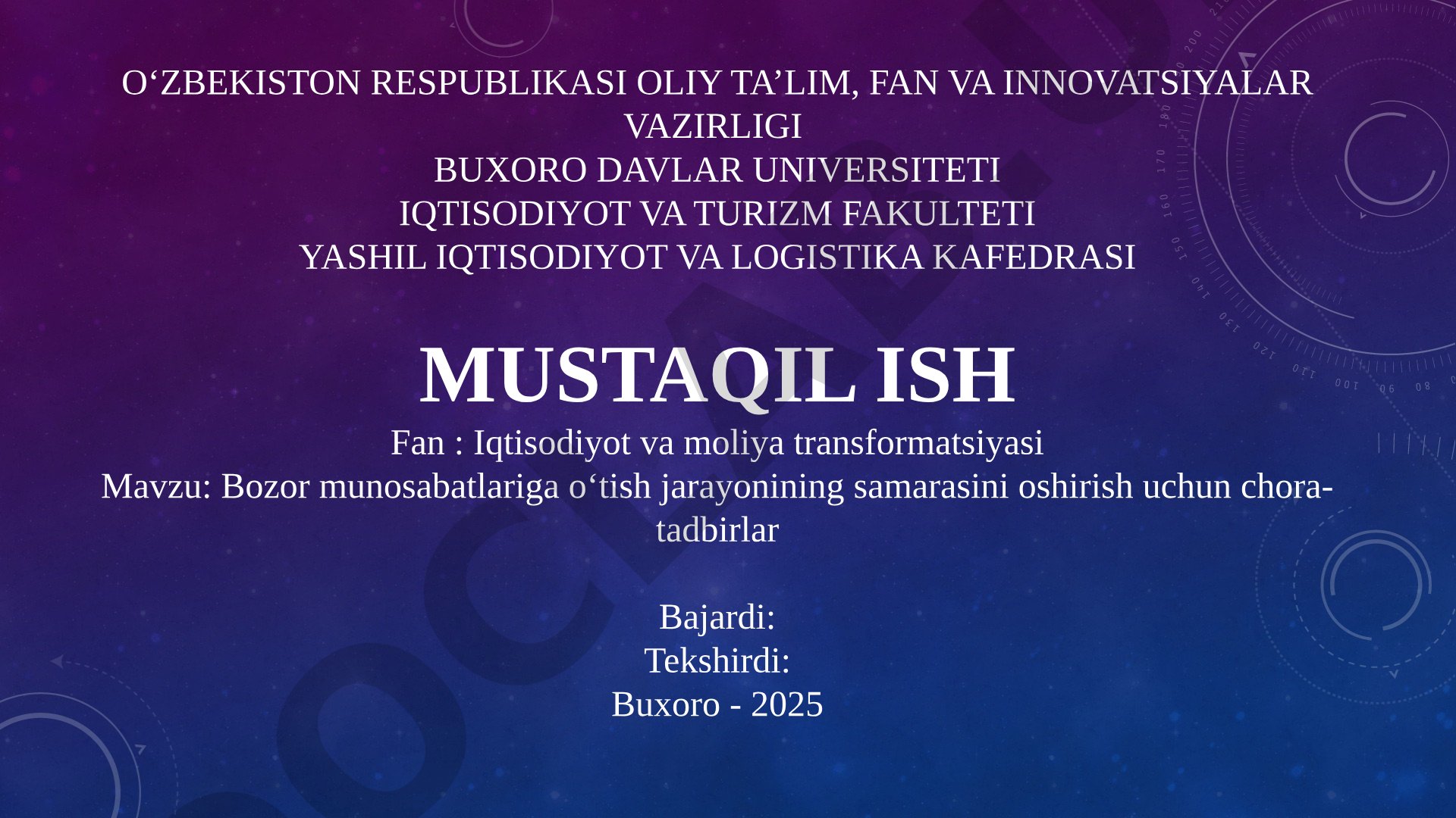 Bozor iqtisodiyotiga o'tish mustaqil ishi