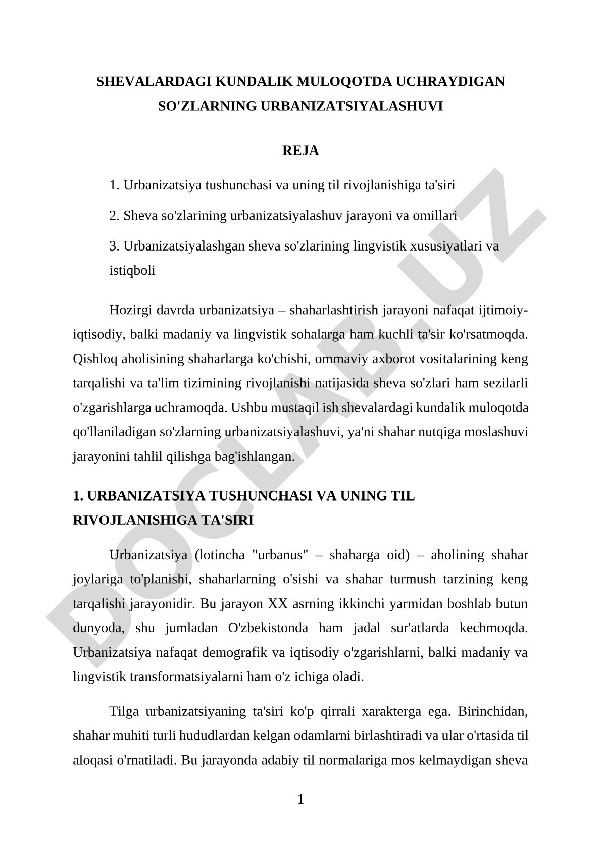 Shevalardagi kundalik muloqotda uchraydigan so'zlarning urbanizatsiyalashuvi