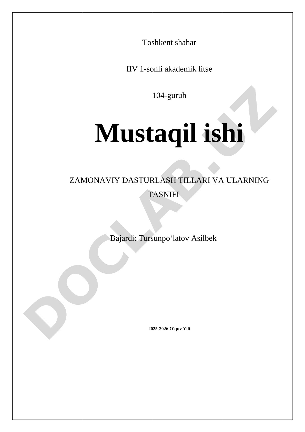 Zamonaviy dasturlash tillari va ularning tasnifi