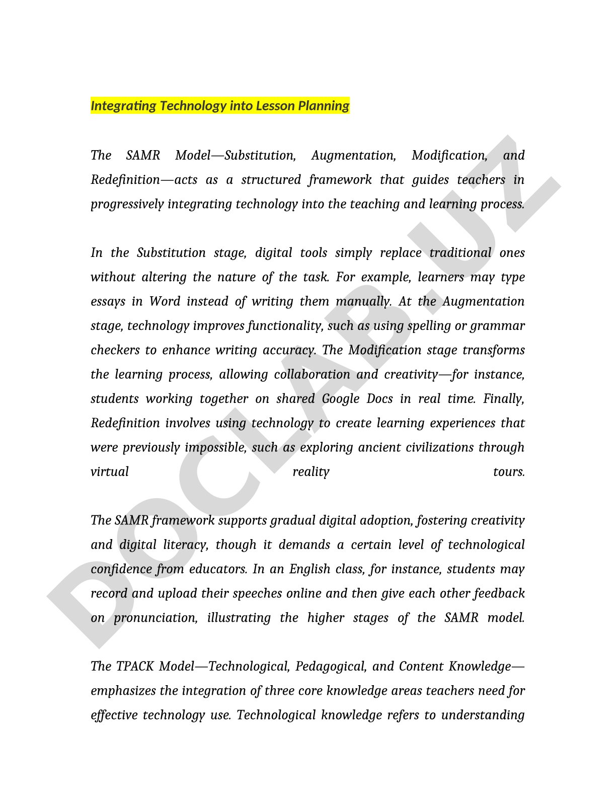 Integrating Technology into Lesson Planning: The SAMR Model