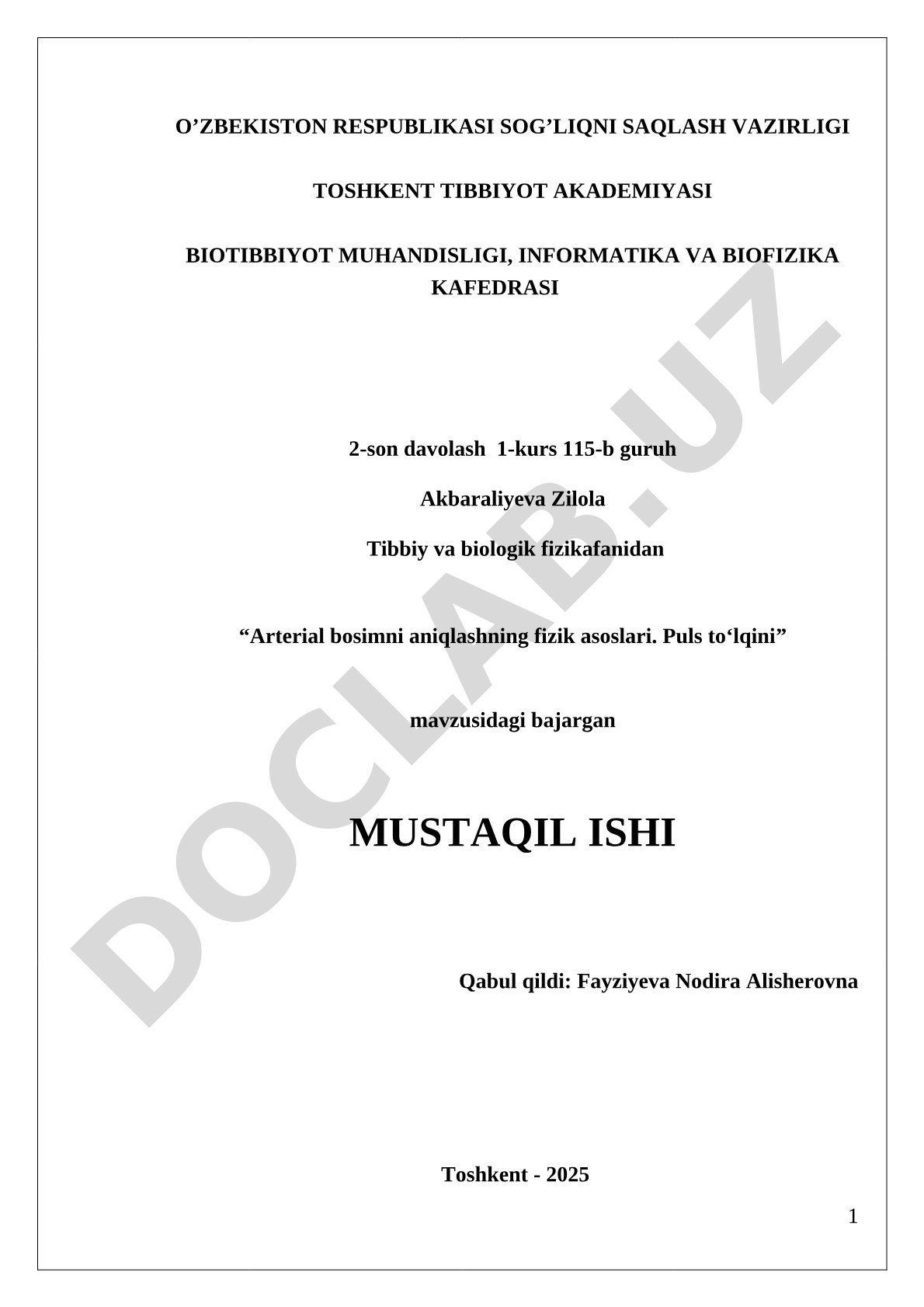 Arterial bosimni aniqlashning fizik asoslari. Puls toʻlqini
