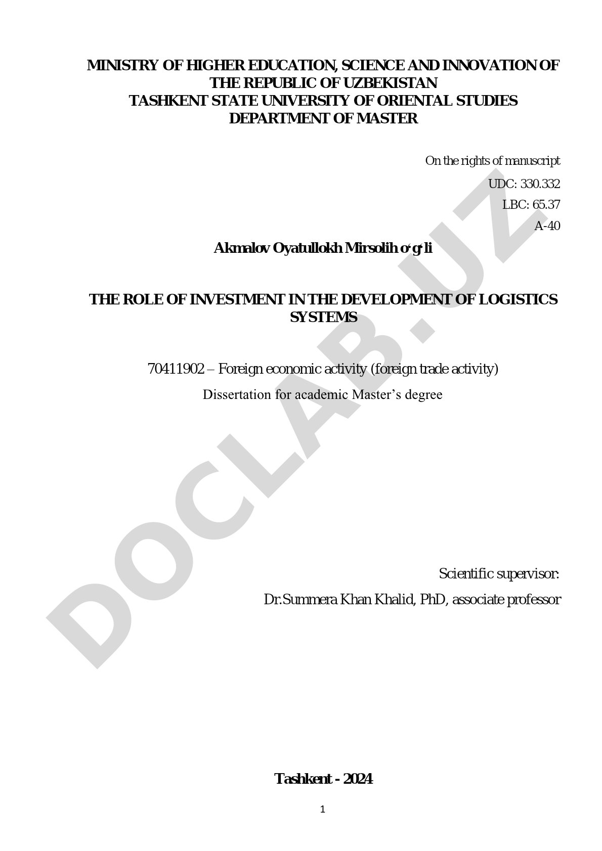 The Role of Investment in the Development of Logistics Systems